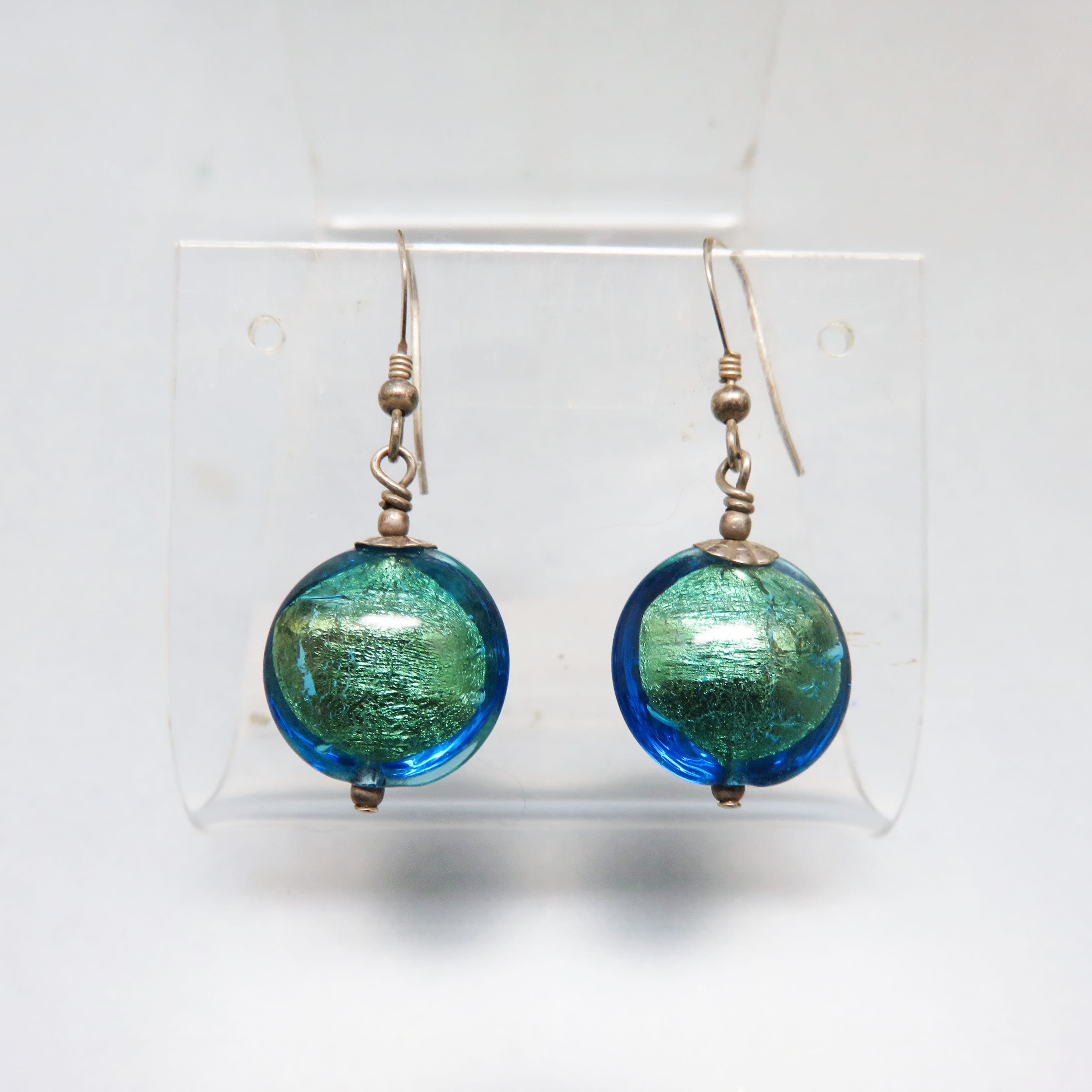 Handmade Blue Green Foil Glass Earrings – Silver Plated French Hook Dangles – Ocean Color Artisan Jewelry