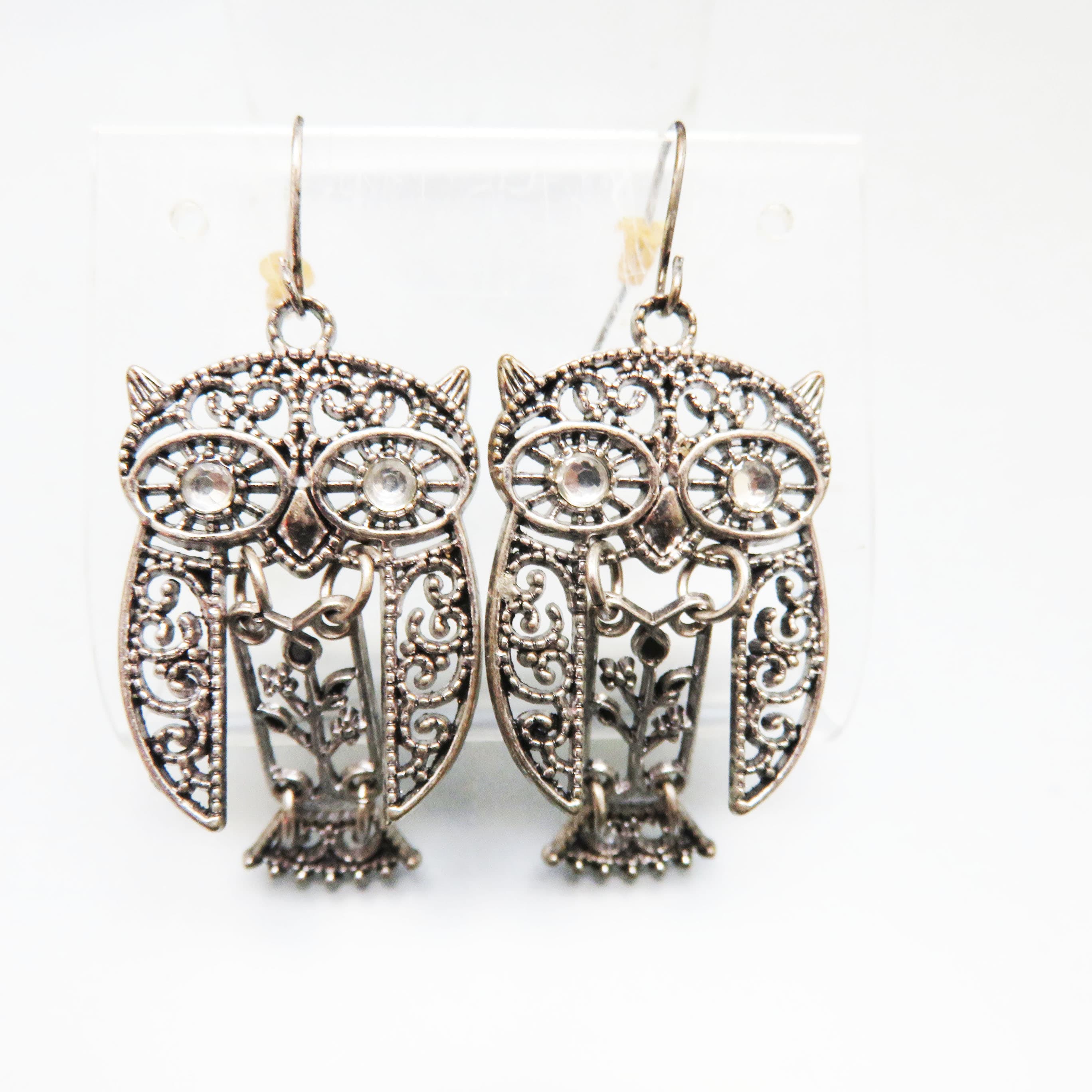 Articulated Silvertone Owl Earrings – Ornate Filigree French Hook Dangles – Rhinestone Eye Bird Jewelry