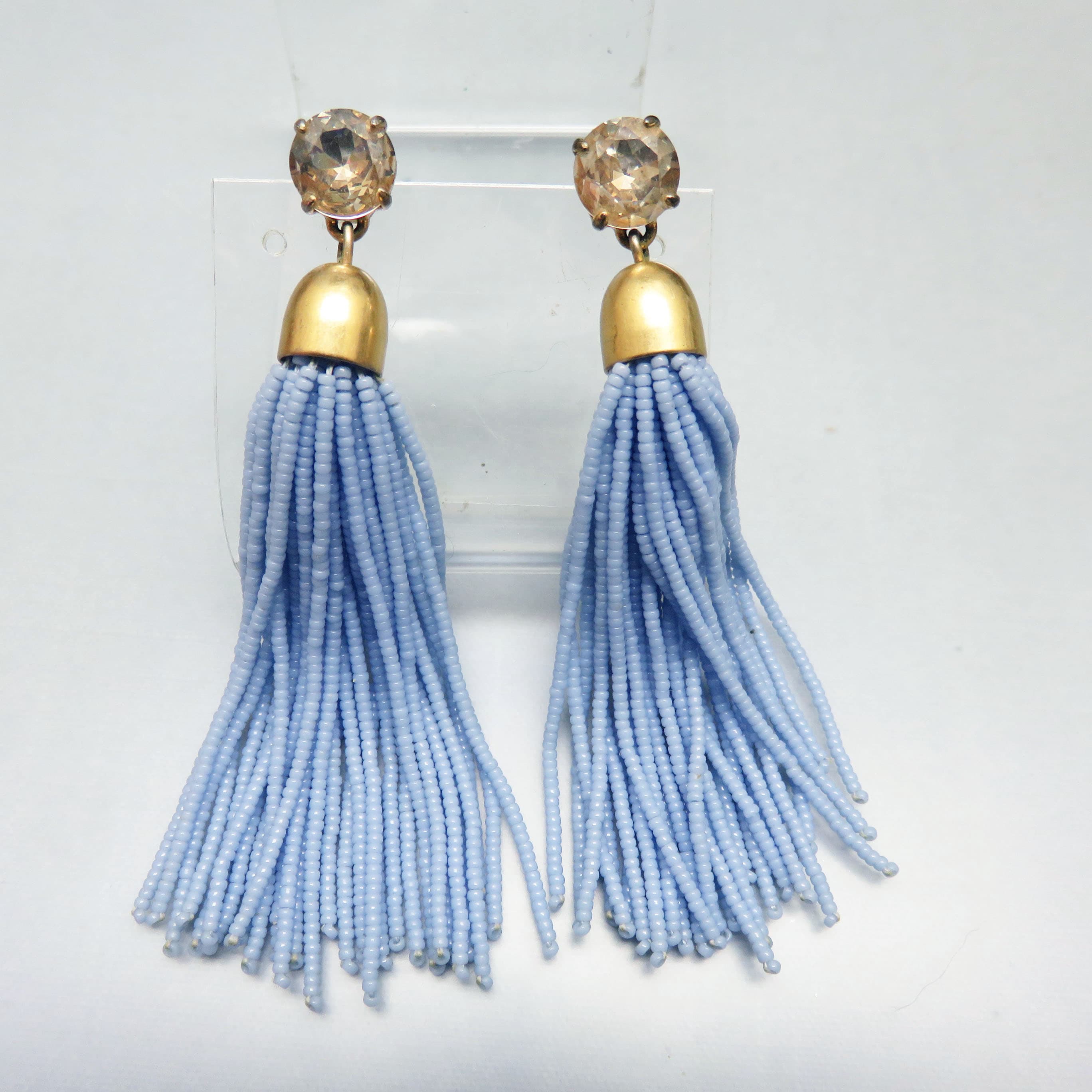 Champagne Rhinestone & Blue Seed Bead Tassel Earrings – Long Goldtone Statement Posts