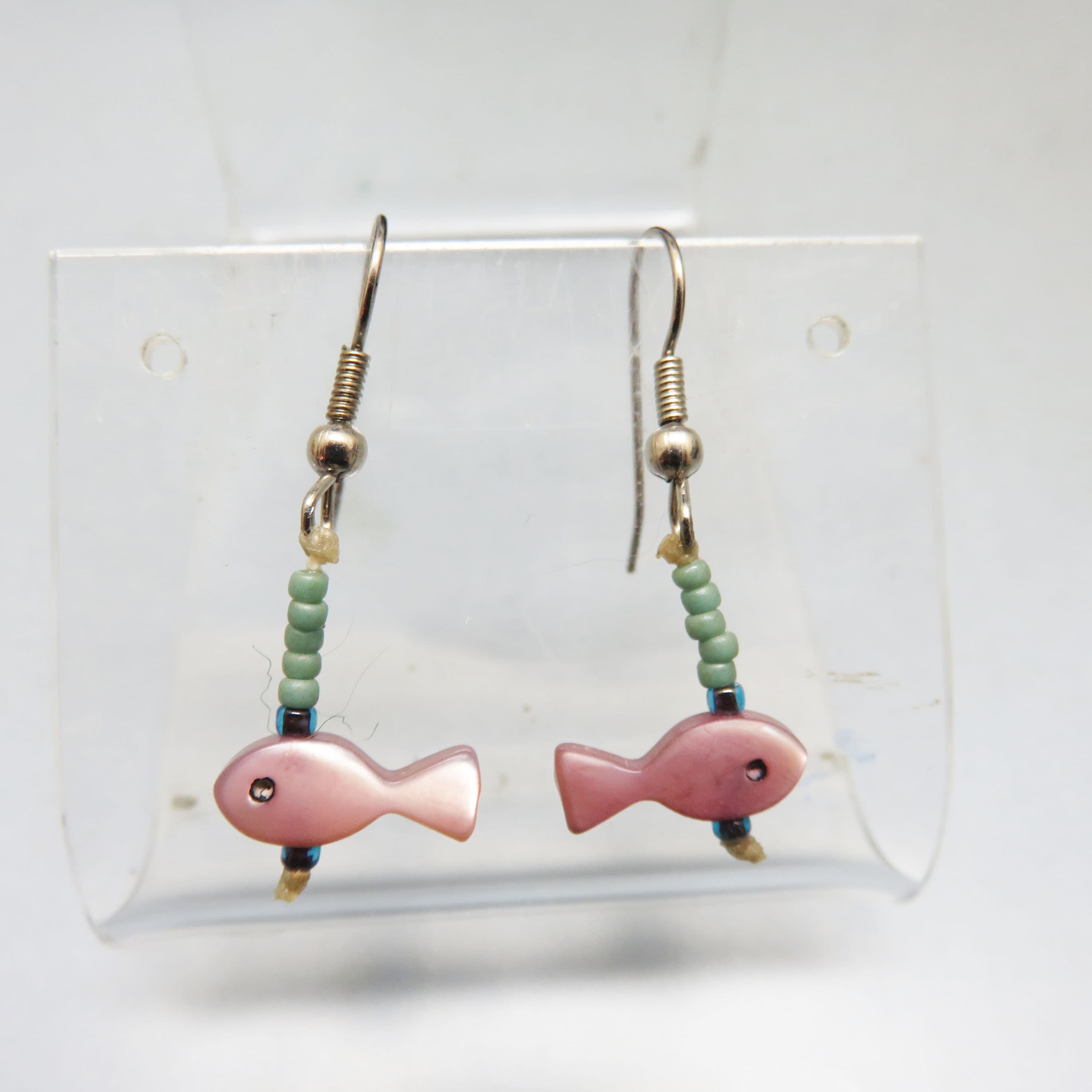 Pink Mother-of-Pearl Fish Earrings – Blue Glass Seed Bead French Hook Dangles