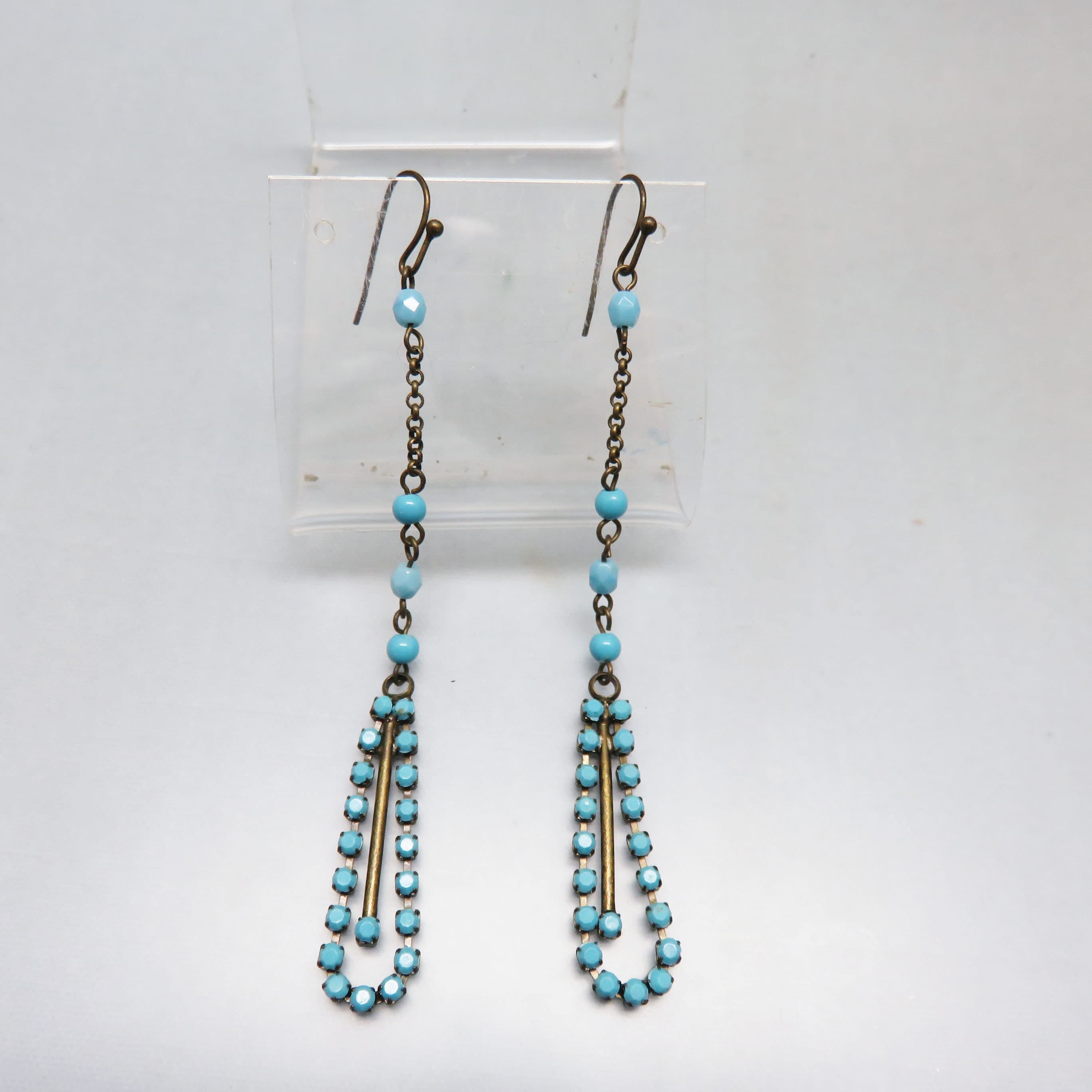 Vintage Turquoise Glass Rhinestone Earrings – Converted Long Antiqued Brass French Hook Dangles