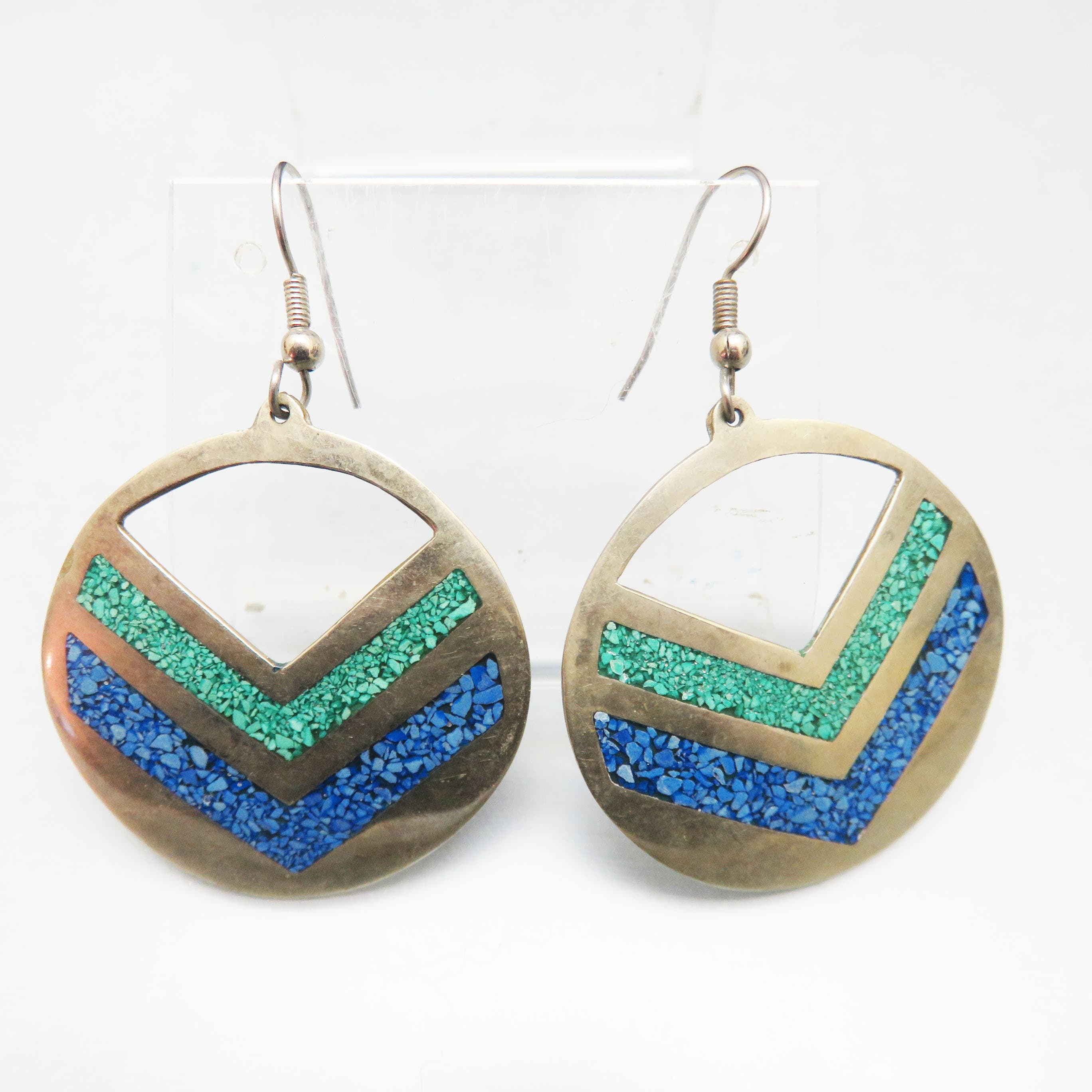 Vintage Mexico Alpaca Silver Turquoise & Sodalite Inlay Earrings