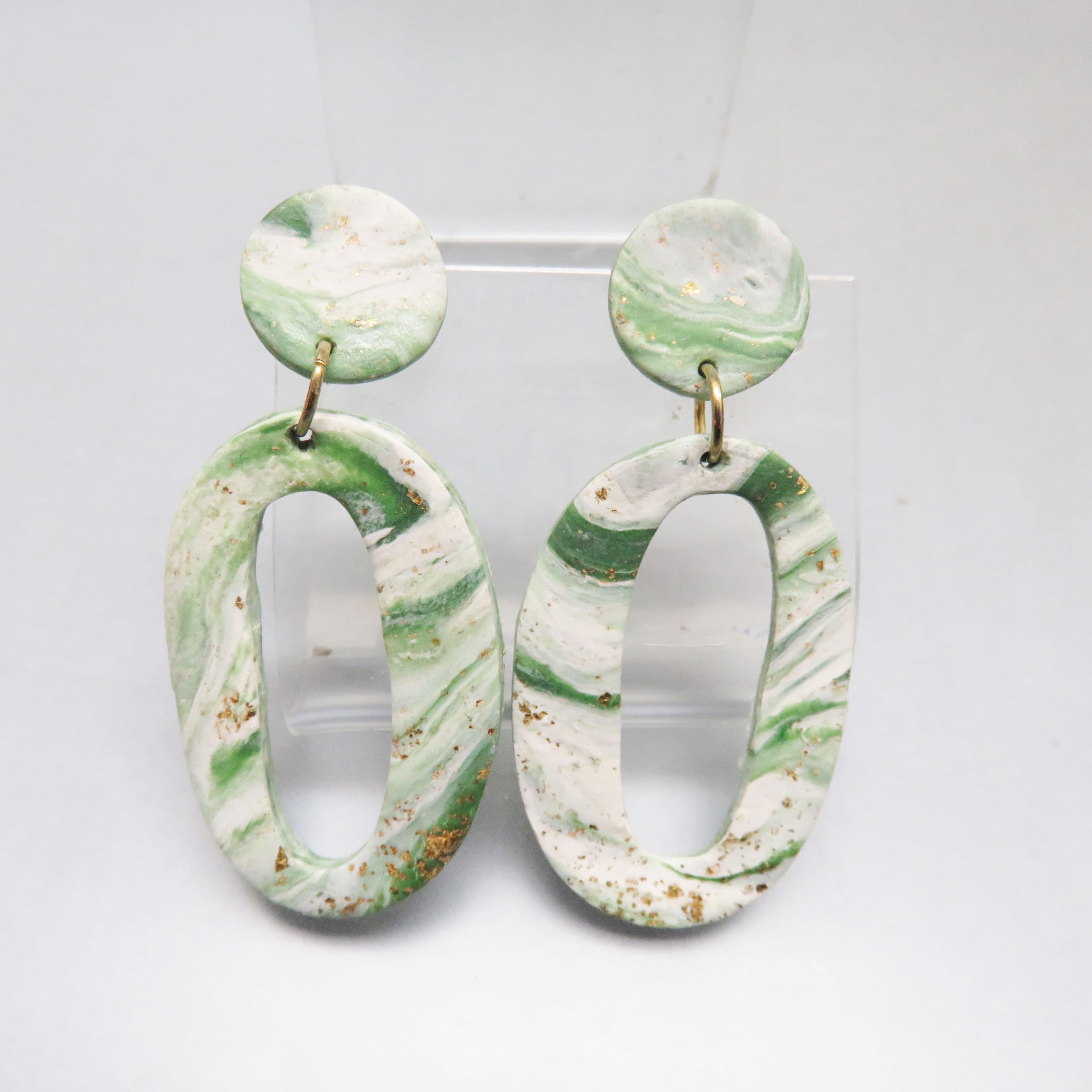 White Green & Gold Marbled Resin Statement Earrings | Post Dangles