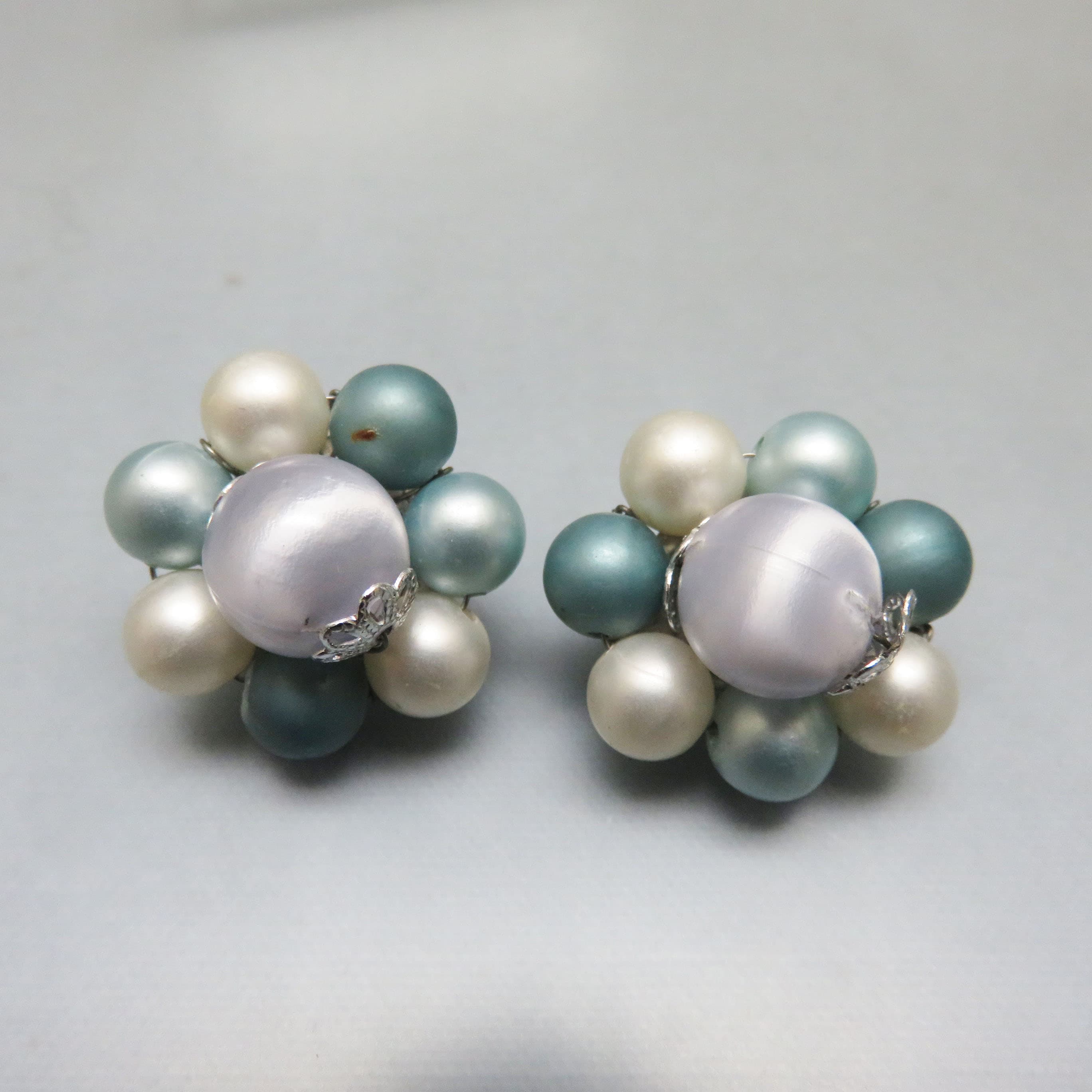 Vintage Made in Japan Faux Pearl Cluster Clip-On Earrings – Seafoam, Ivory & Lavender