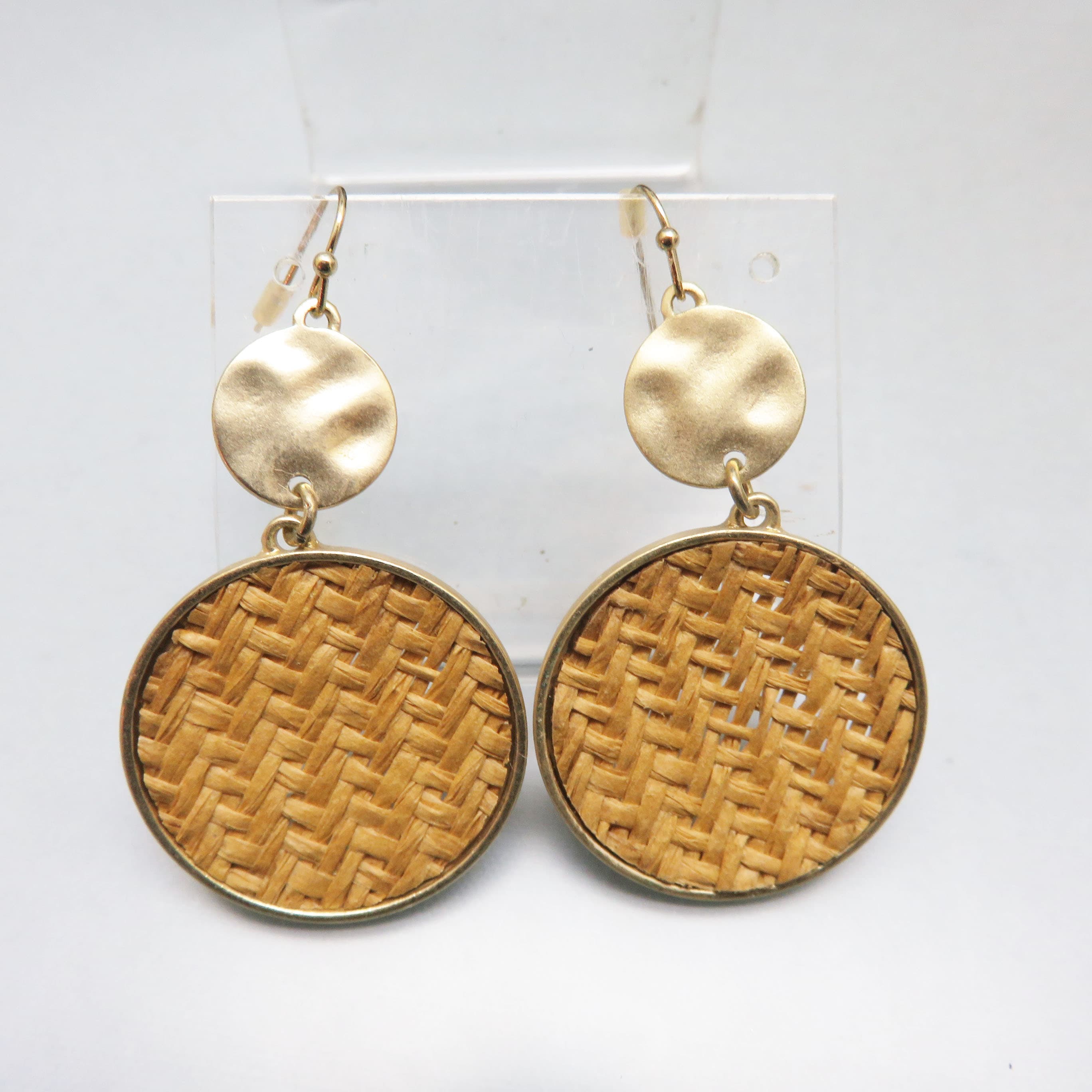 Woven Rattan and Goldtone Round Dangle Earrings – French Hook Statement Earrings