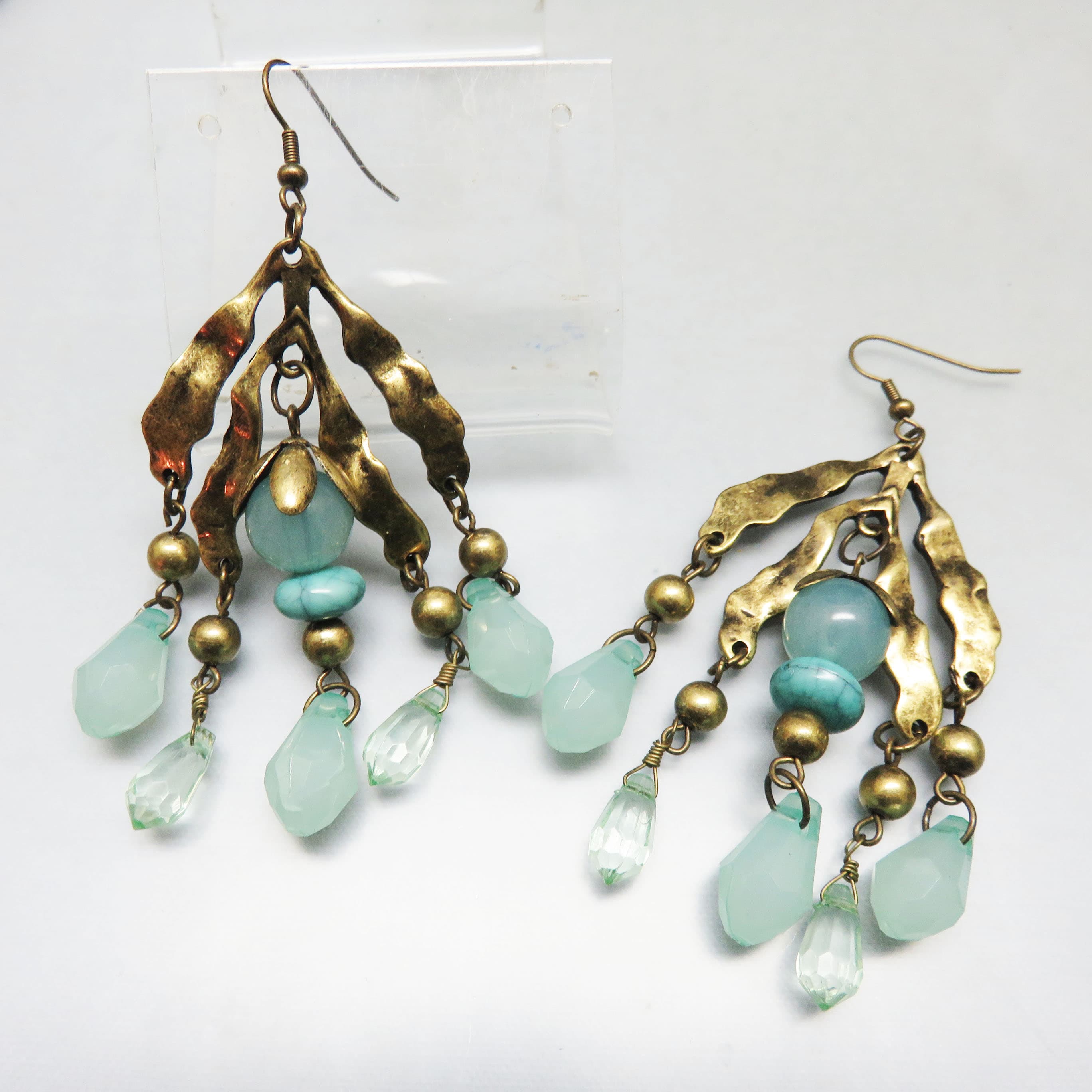 Aged Brass and Aqua Glass Chandelier Earrings – Long Ocean-Inspired Dangles