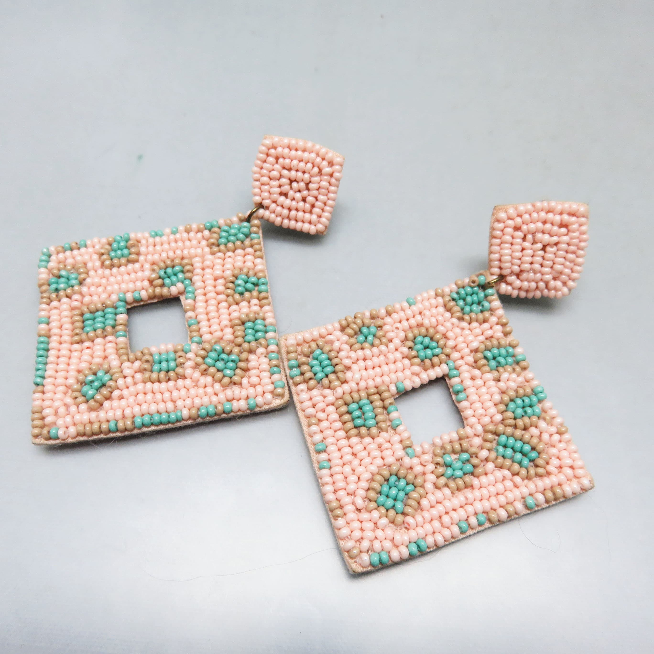 Pastel Leopard Print Seed Bead Earrings – Oversized Pink Geometric Statement Posts