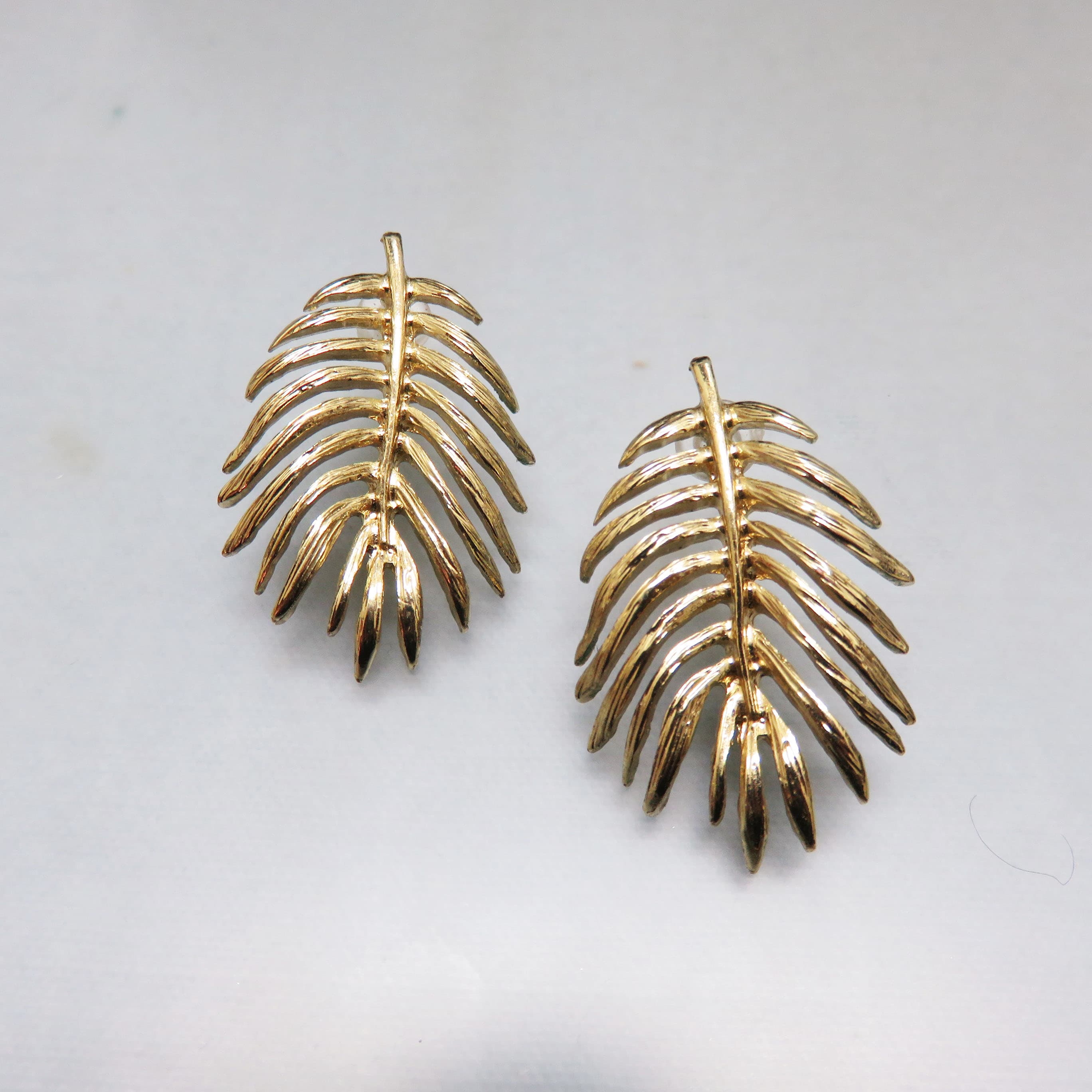 Goldtone Palm Frond Earrings – Tropical Rainforest Leaf Statement Posts