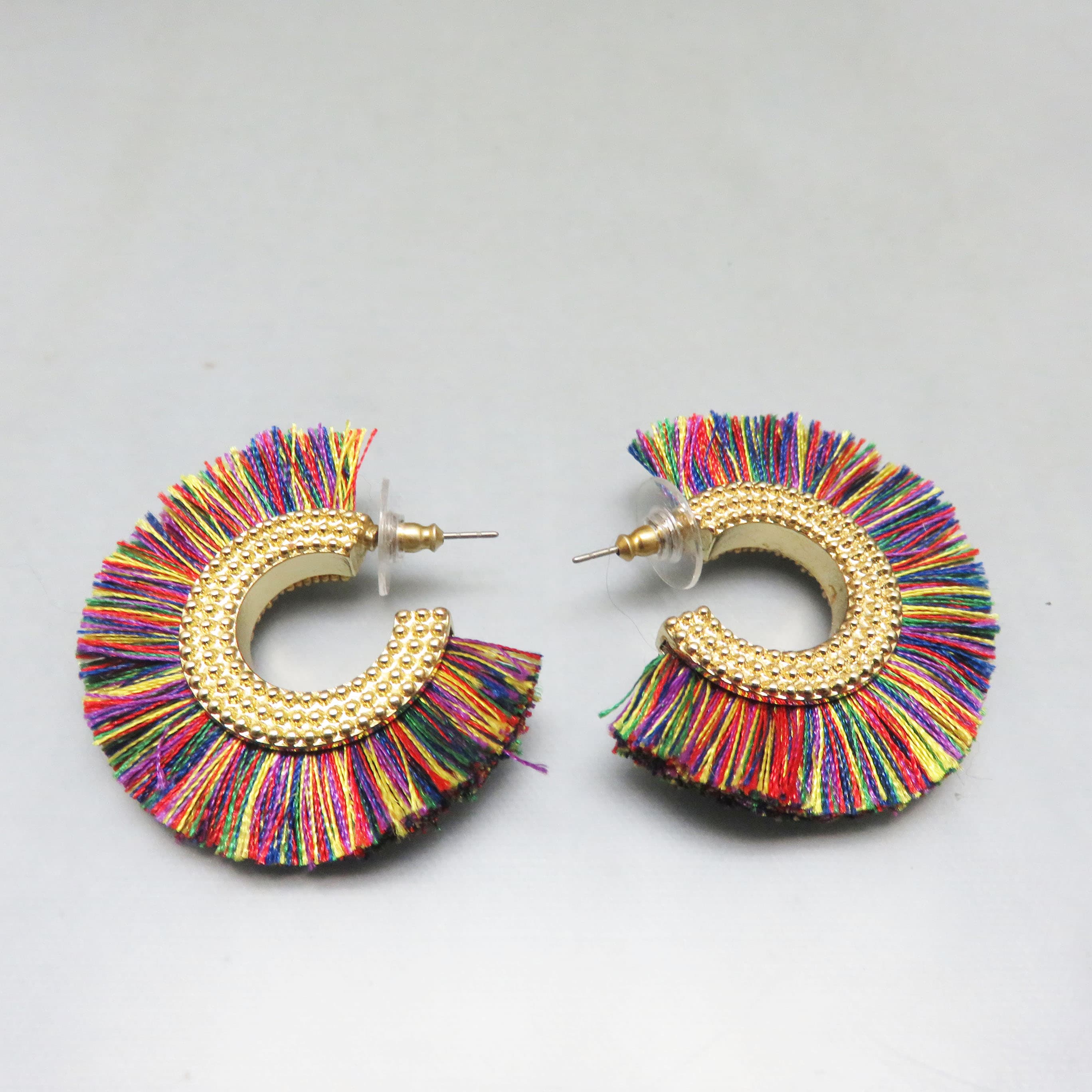 Rainbow Fringe Goldtone Hoop Earrings – Colorful Thread Statement Posts
