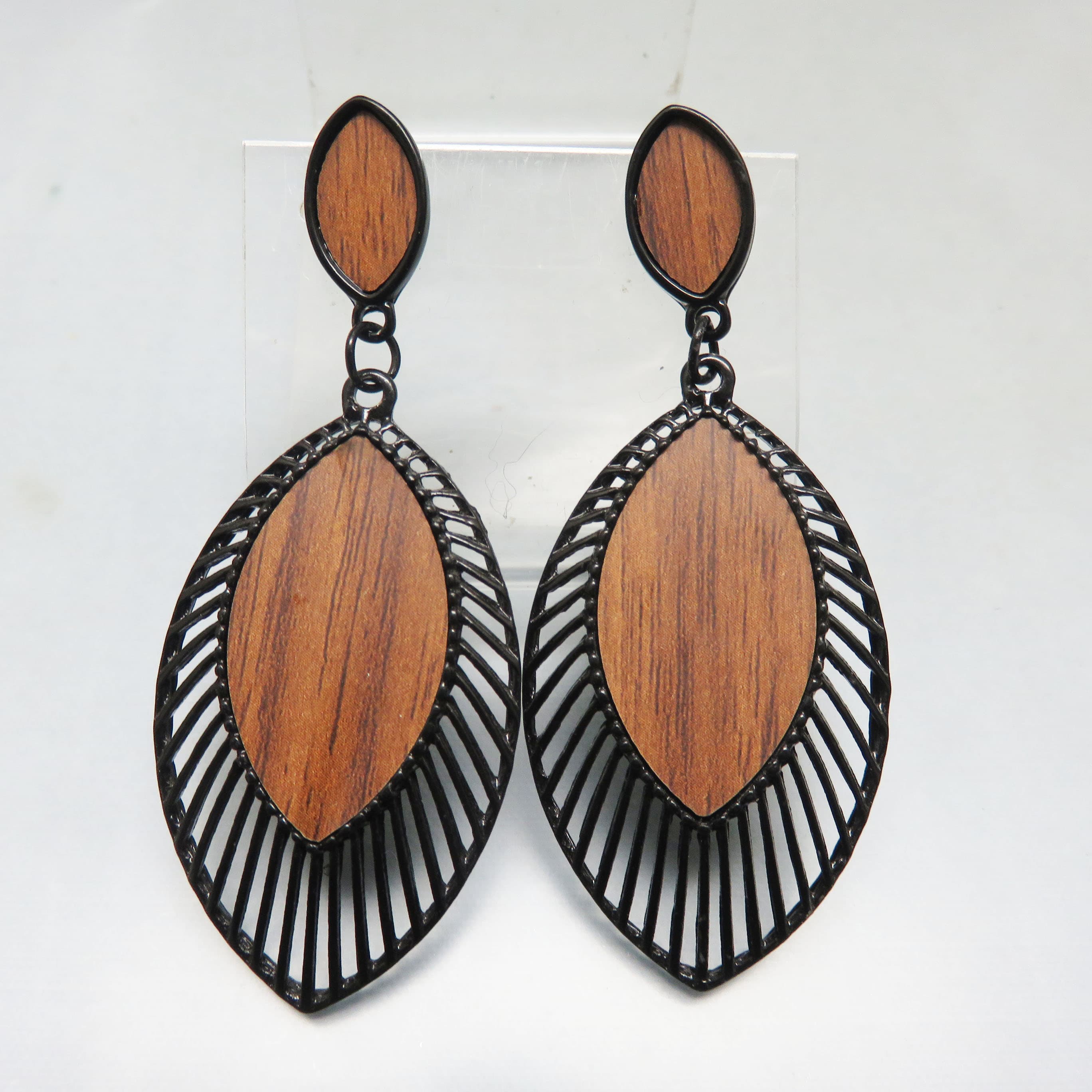 Black Metal and Faux Wood Shield Earrings – Long Safari Statement Posts