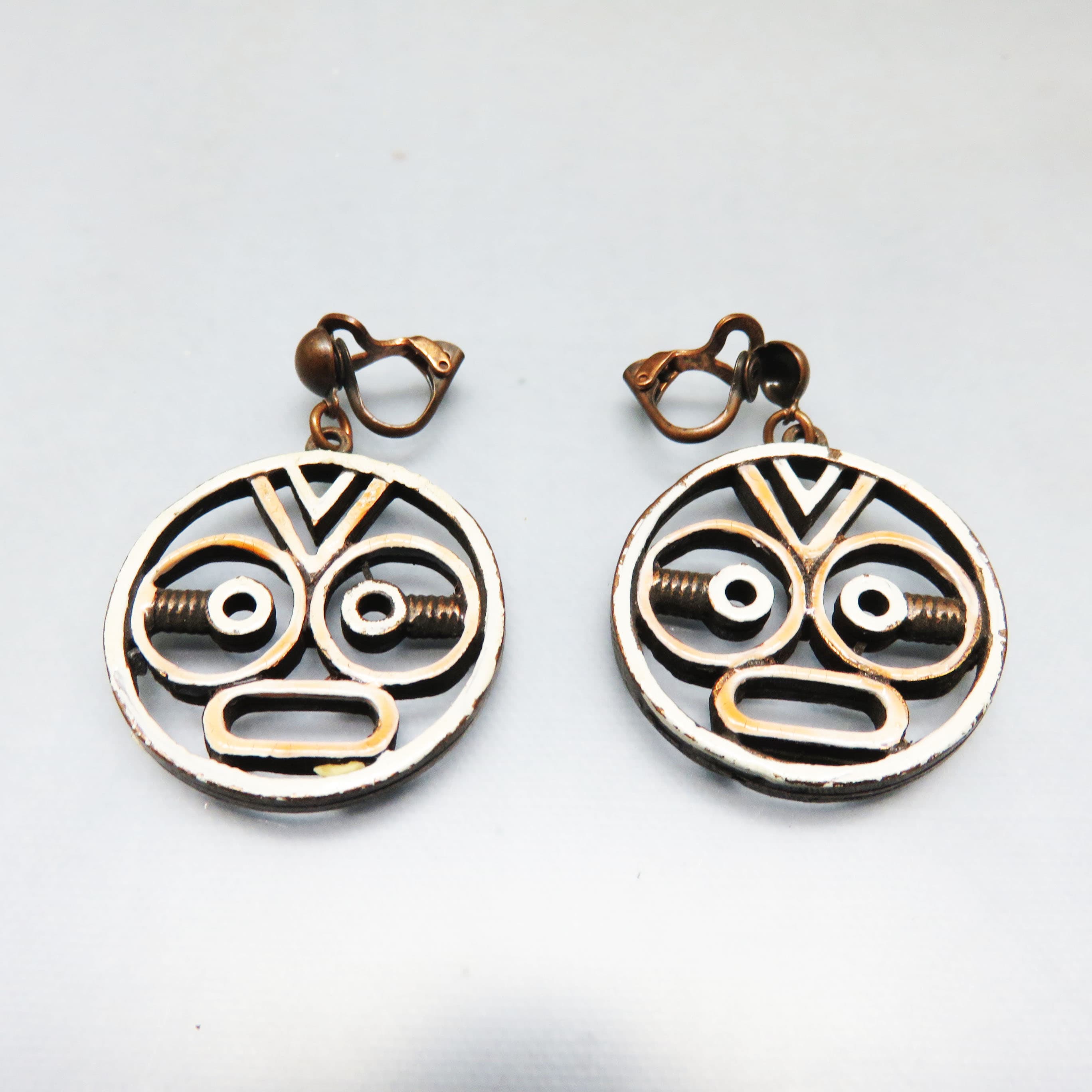Vintage Coro Enamel Mask Clip-On Earrings – Bronze-Tone Figural Dangles