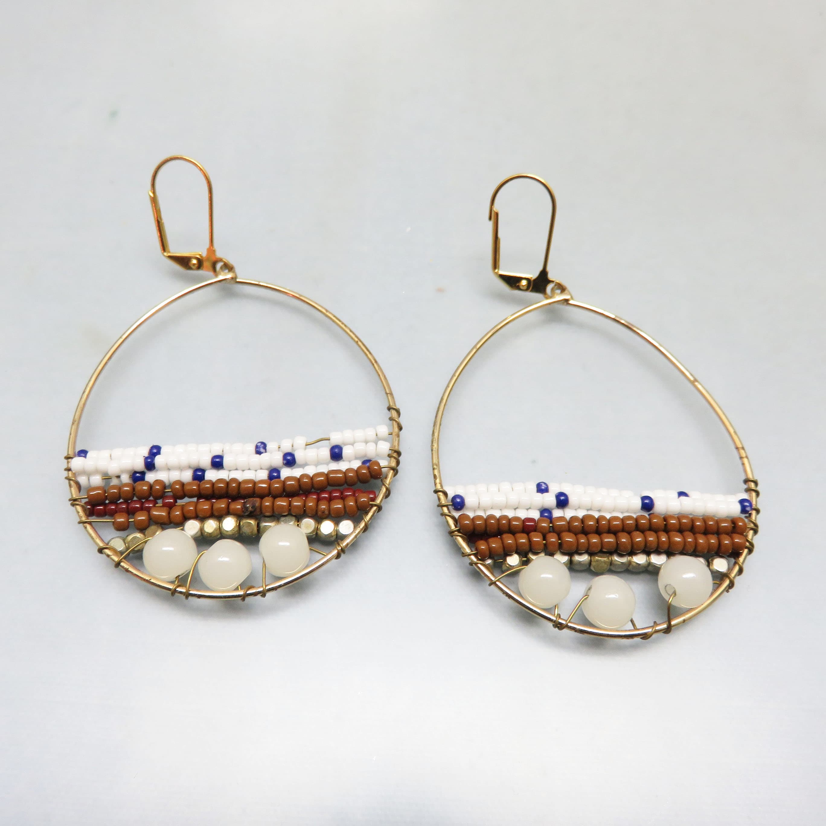 Global-Inspired Beaded Hoop Earrings – Earth-Tone Goldtone Leverback Dangles