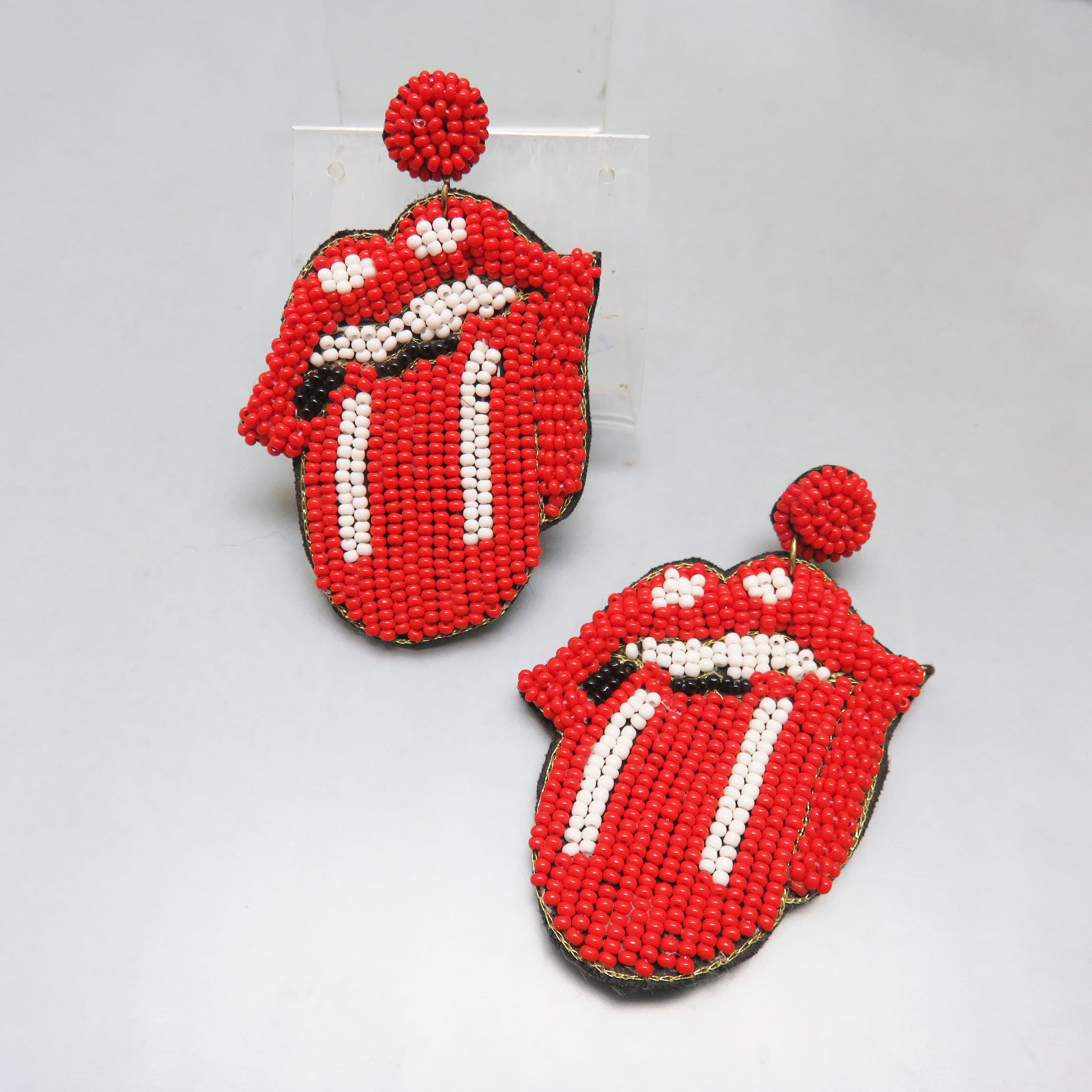 Red Beaded Tongue Statement Earrings – Rock and Roll Lips Post Earrings