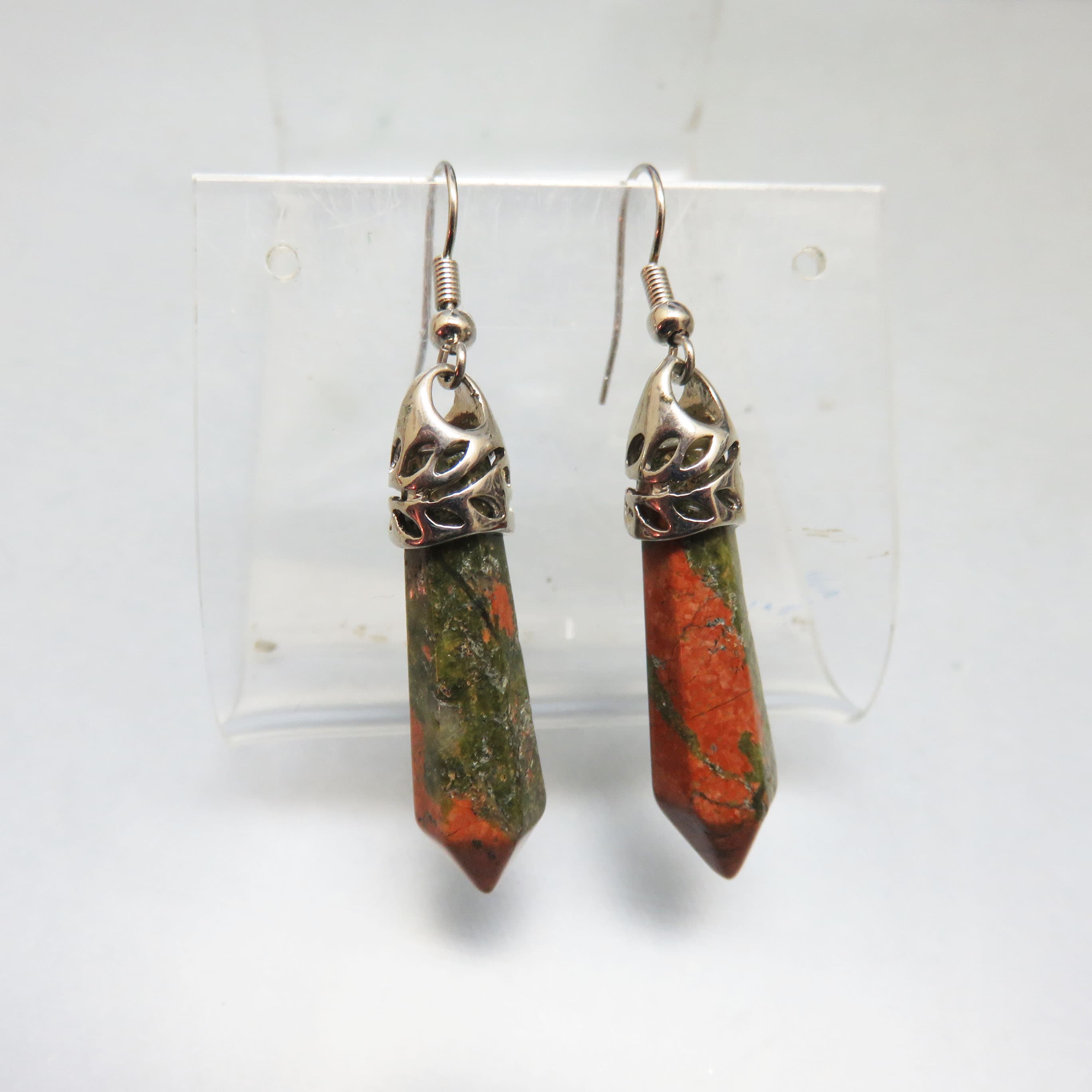Natural Unakite Point Earrings – Green and Salmon Gemstone French Hook Dangles
