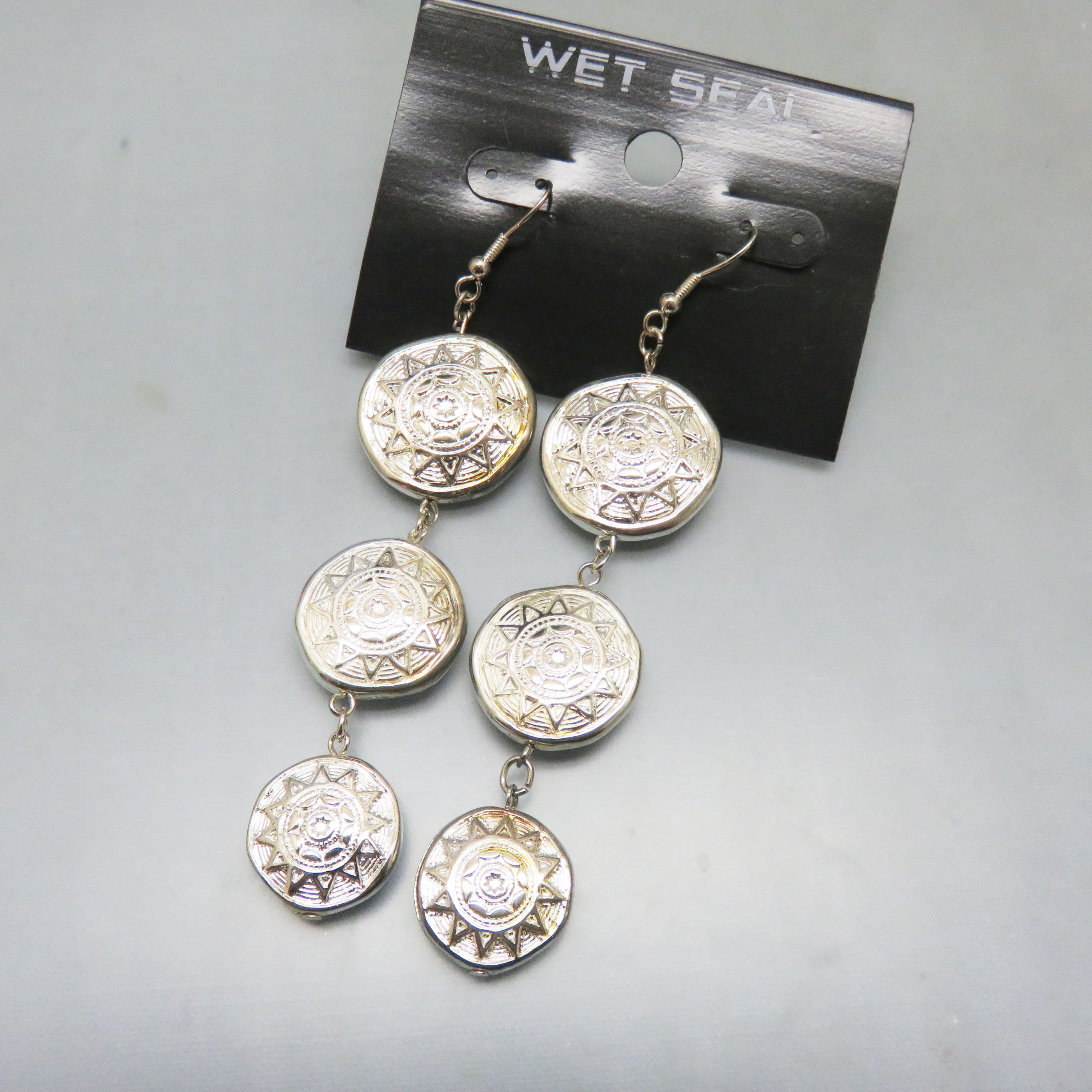 Wet Seal Silvertone Sun Medallion Earrings – Extra Long Shoulder Duster Dangles