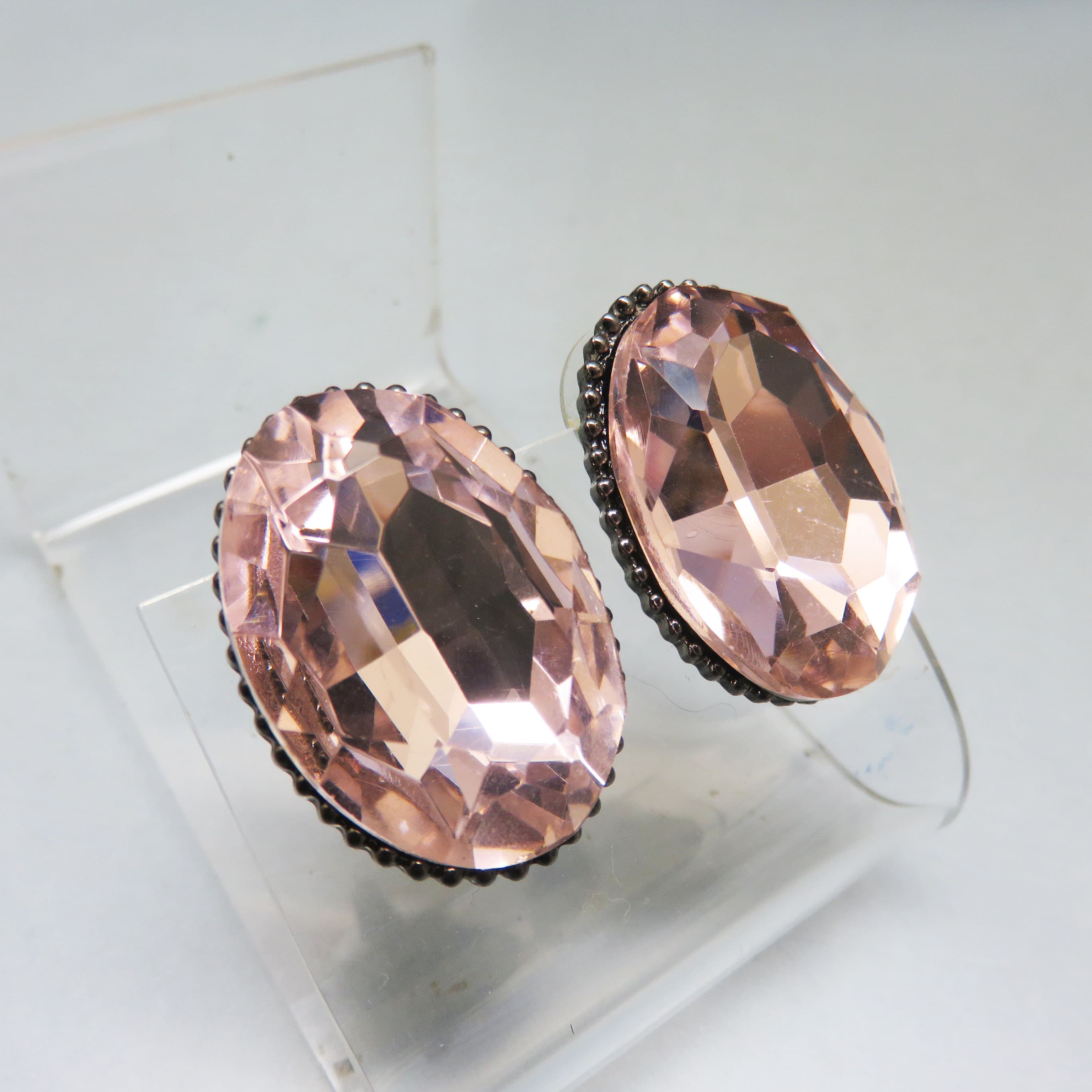 Oversized Blush Pink Rhinestone Earrings – Faceted Oval Statement Studs