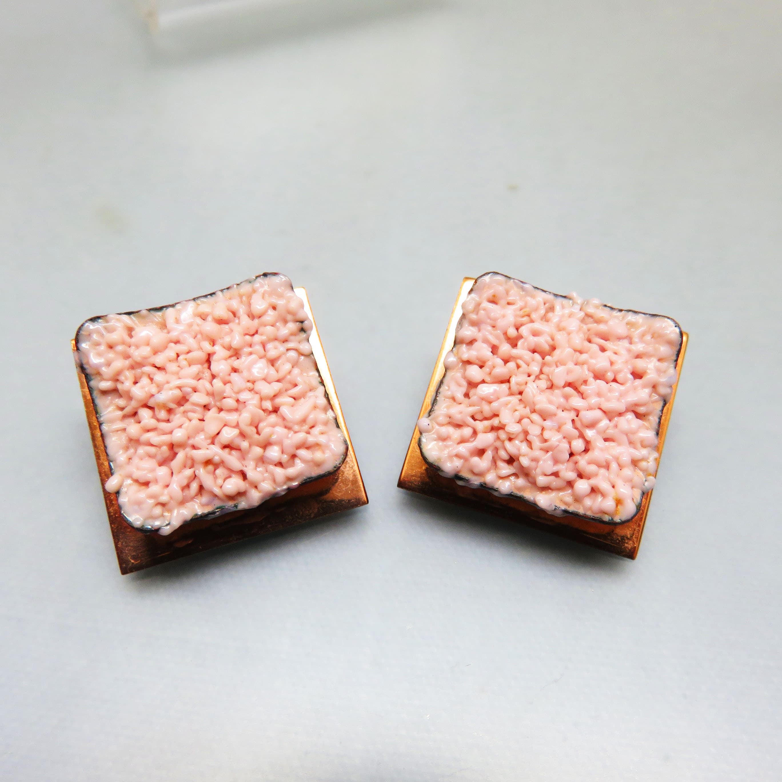 Vintage Matisse Pink Seafoam Enamel Copper Clip Earrings – 1950s Modernist Squares