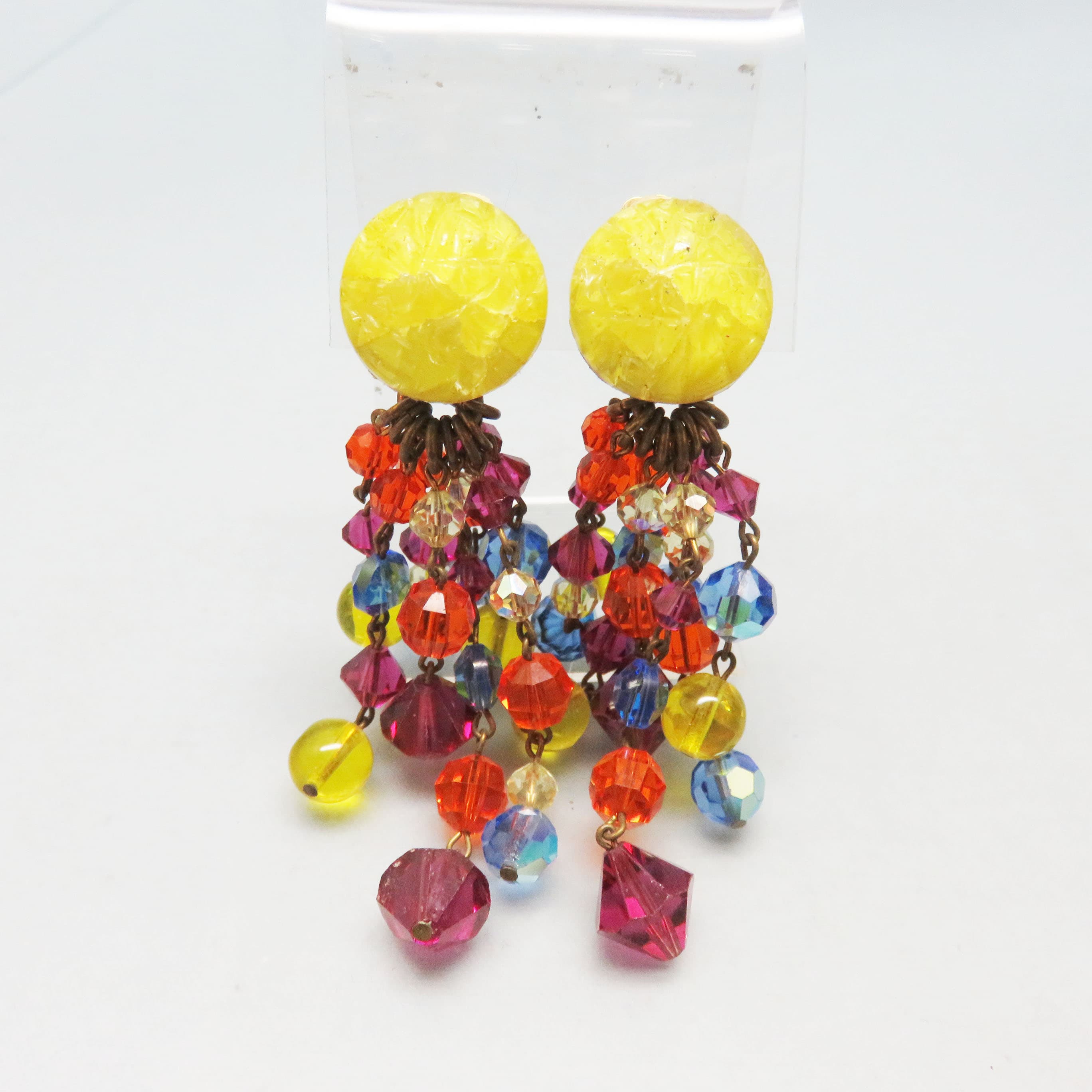 Vintage Multicolor Glass Crystal Chandelier Earrings – Long Button Top Clip Ons