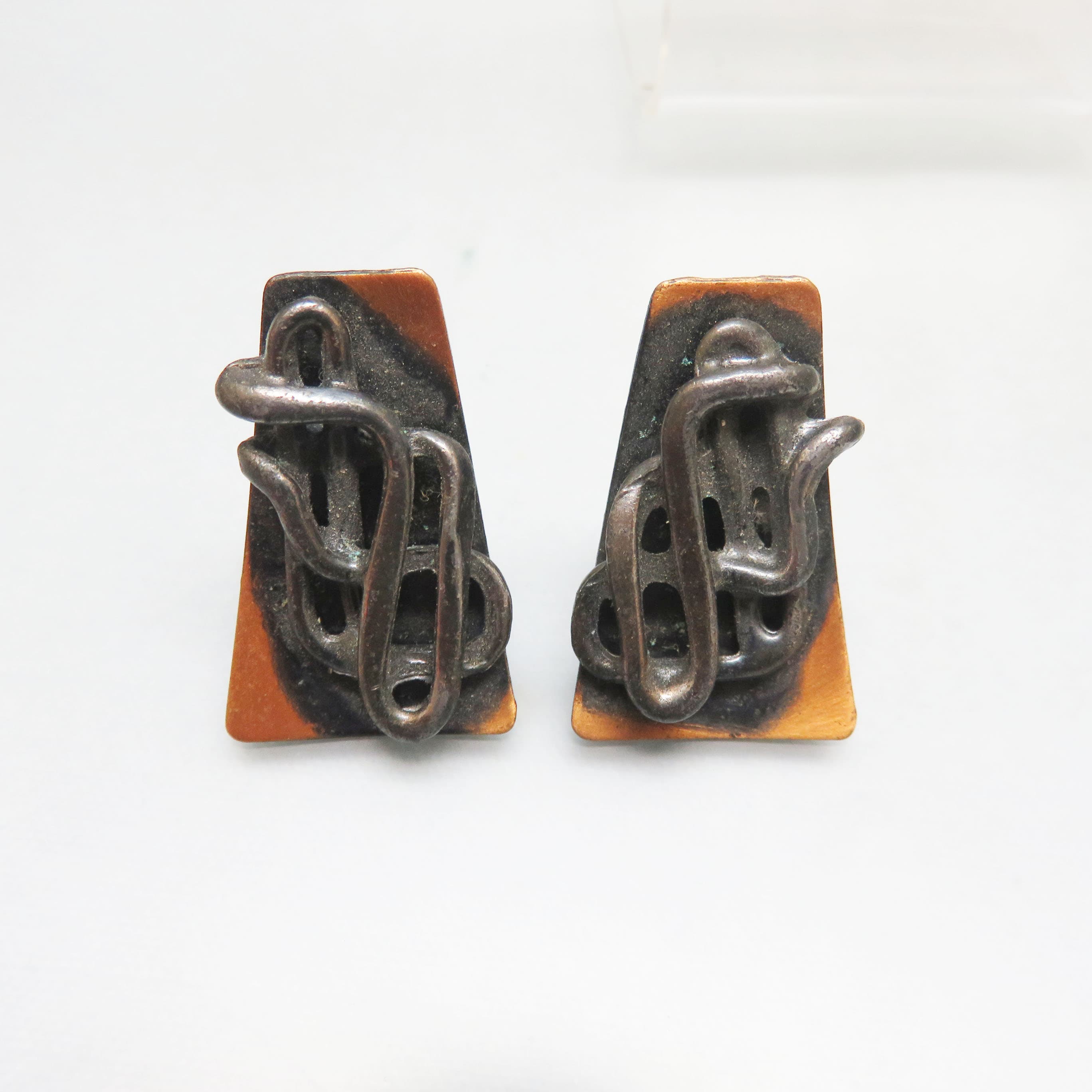 Vintage Copper and Silvertone Abstract Clip Earrings – Modernist Industrial Jewelry