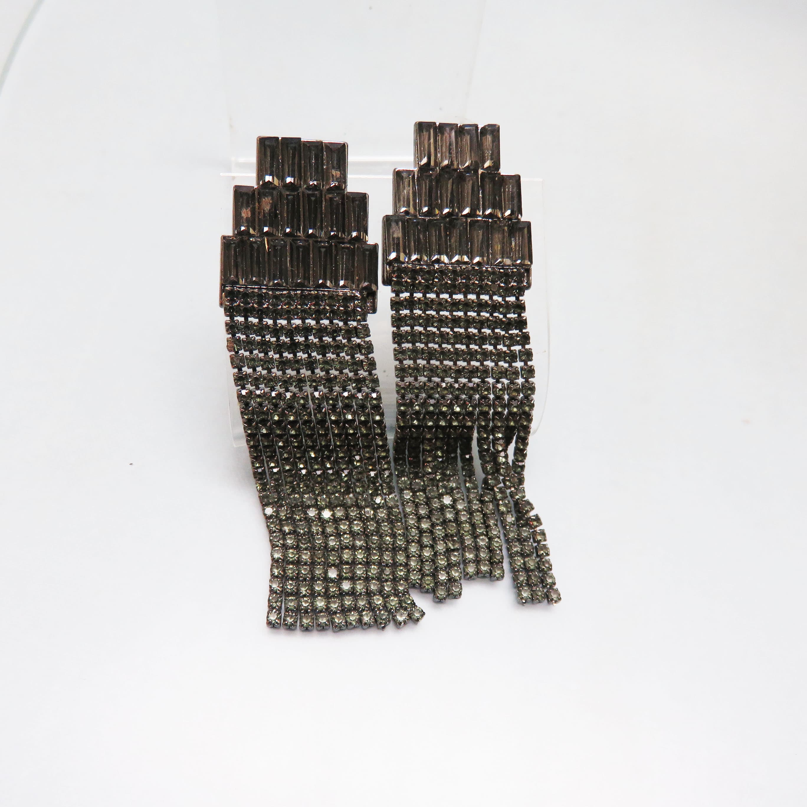 Smoky Black Rhinestone Fringe Earrings – Art Deco Baguette Tassel Dangles