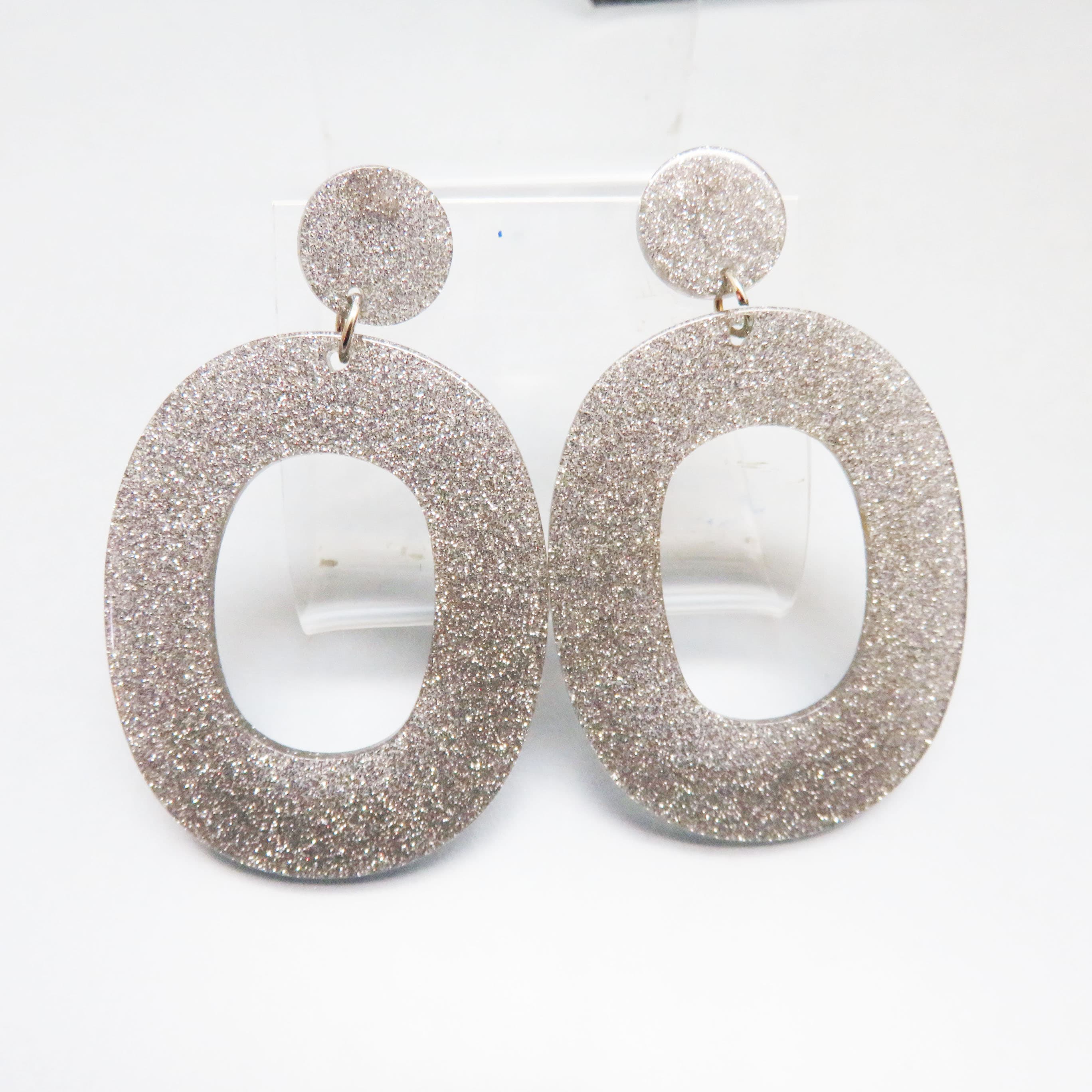 Silver Glitter Resin Statement Earrings – Oversized Geometric Oval Dangles
