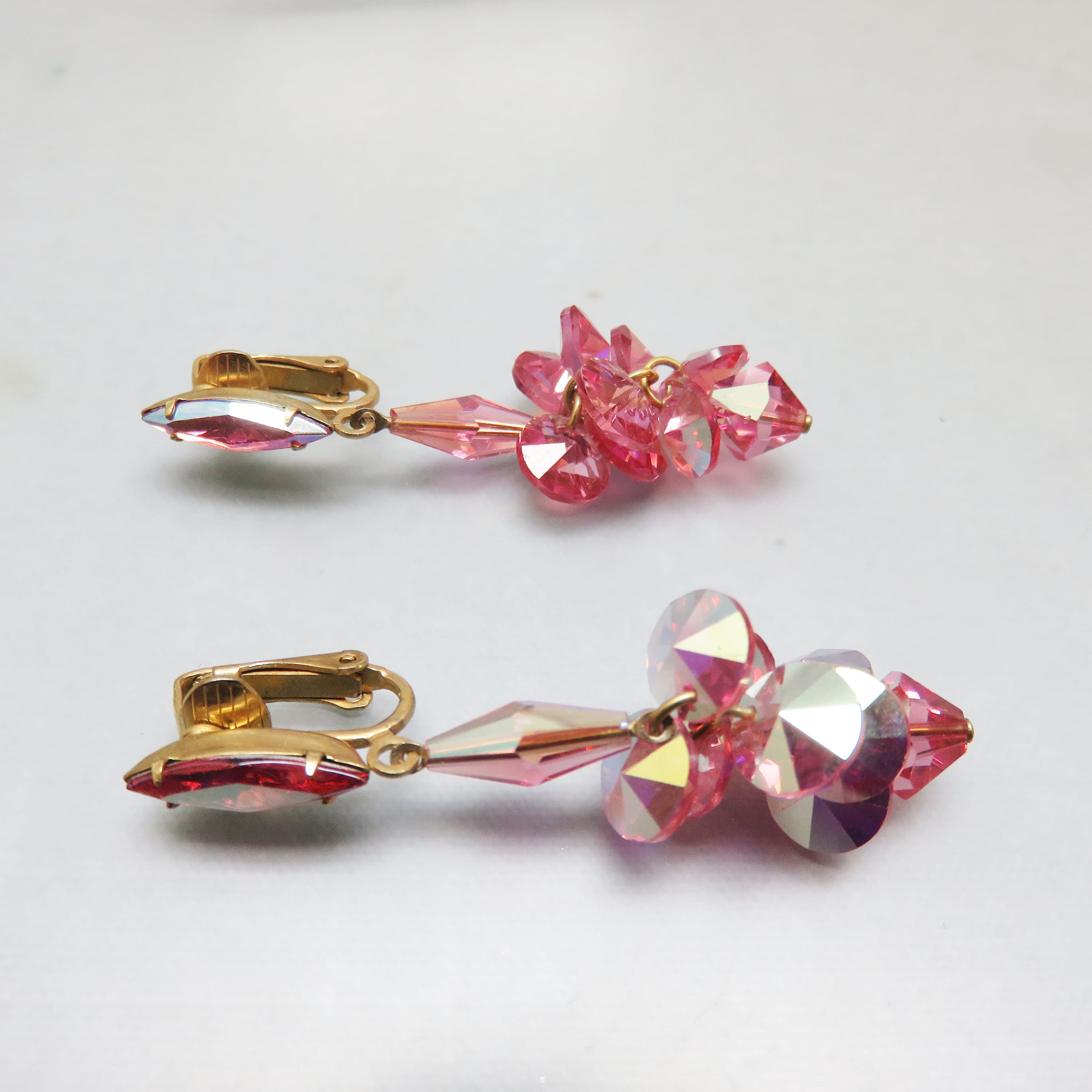 Vintage Lew Segal Pink Aurora Borealis Crystal Cluster Clip-On Earrings