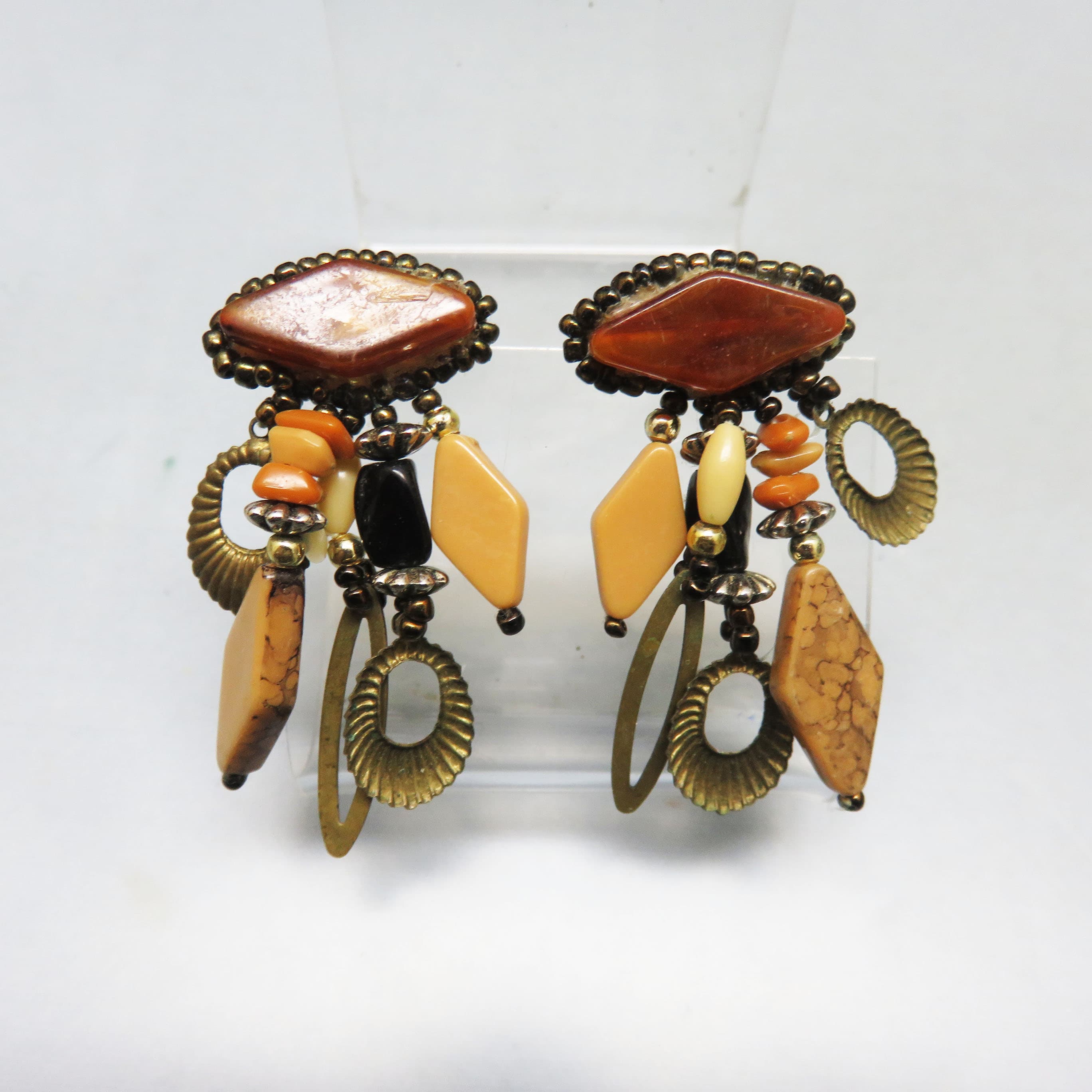 Hand Beaded Faux Stone Statement Earrings – Autumn Ochre, Rust and Antique Brass Post Dangles