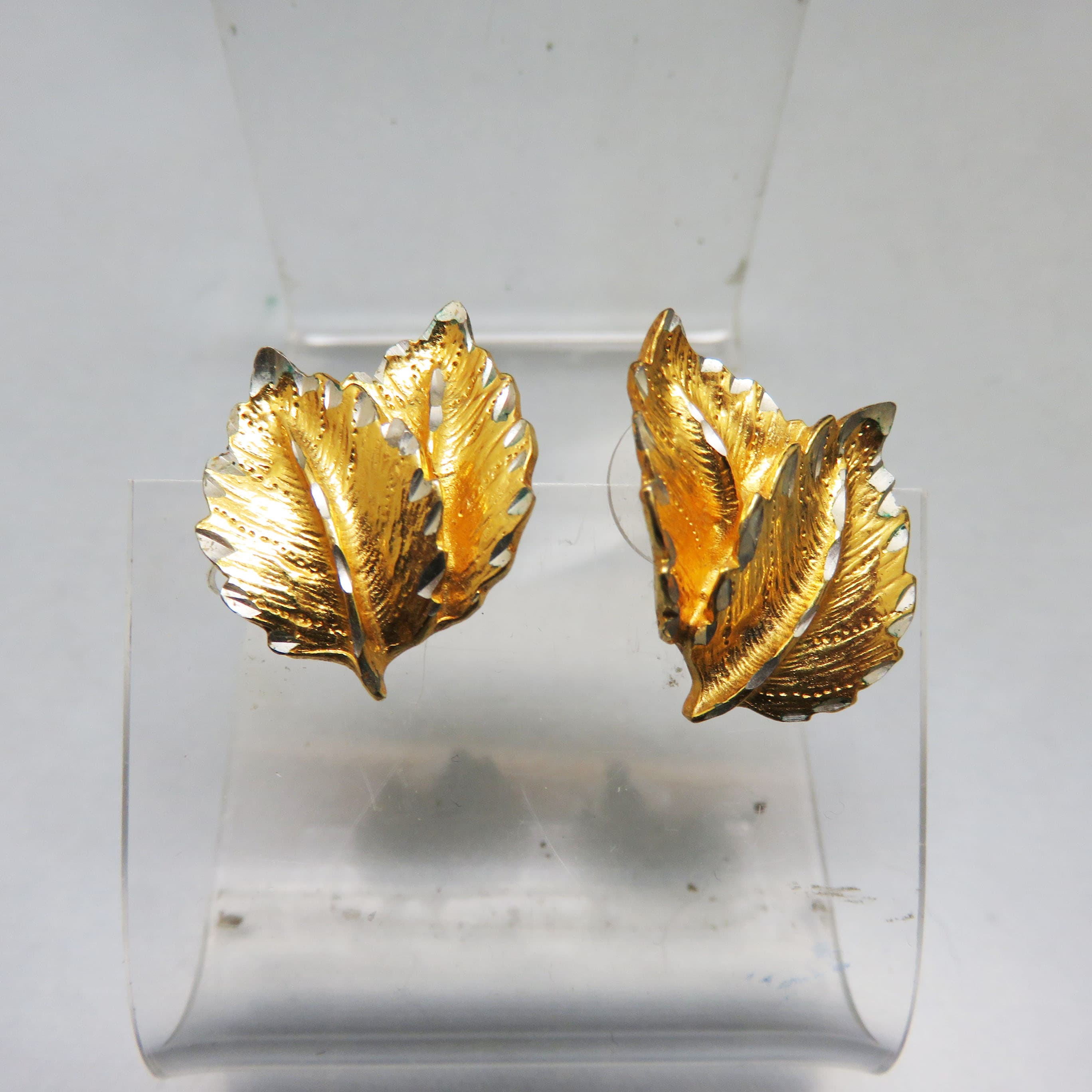 Goldtone Triple Leaf Earrings – Diamond Cut Two Tone Autumn Post Earrings