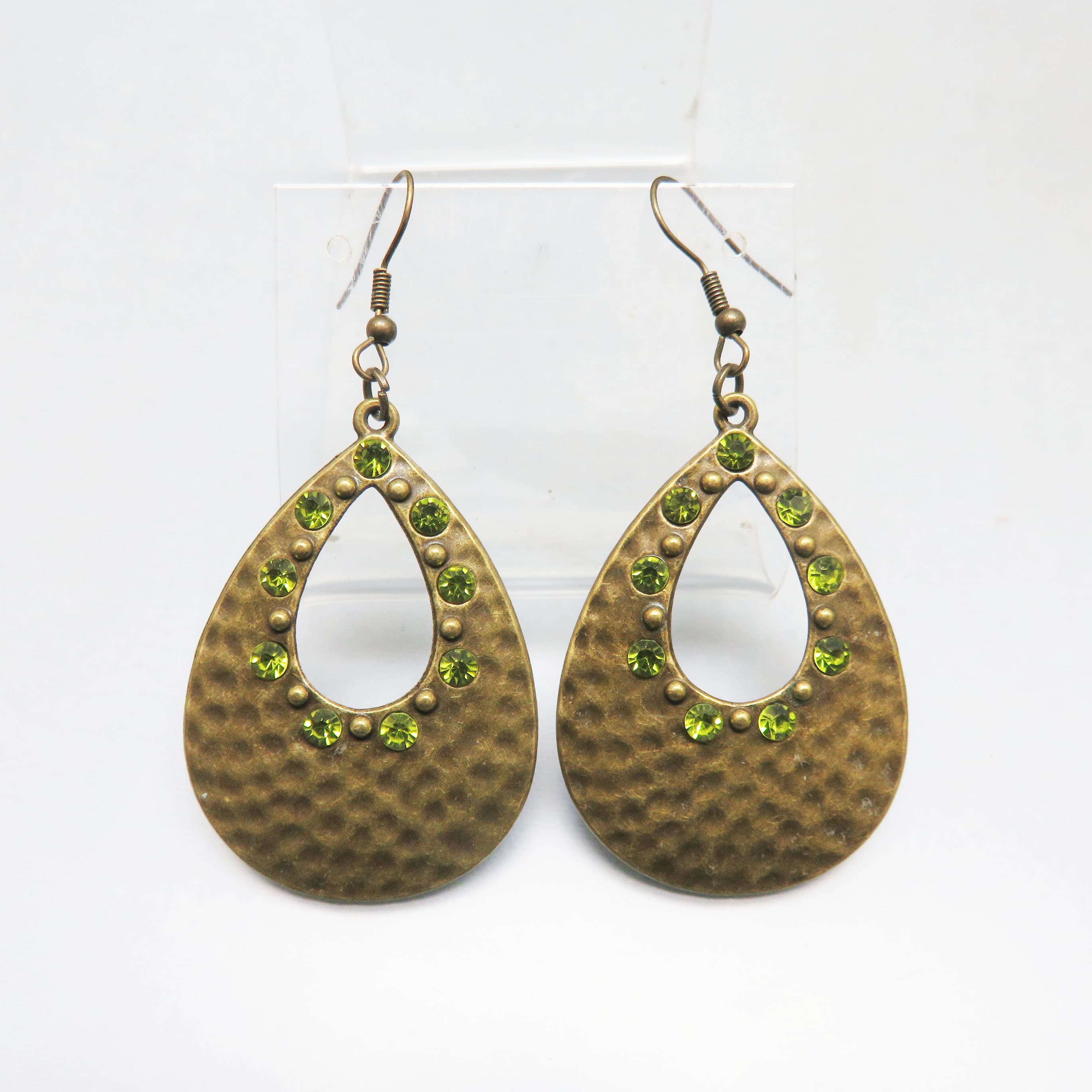 Aged Brass Teardrop Earrings – Peridot Green Rhinestone Hammered French Hook Dangles