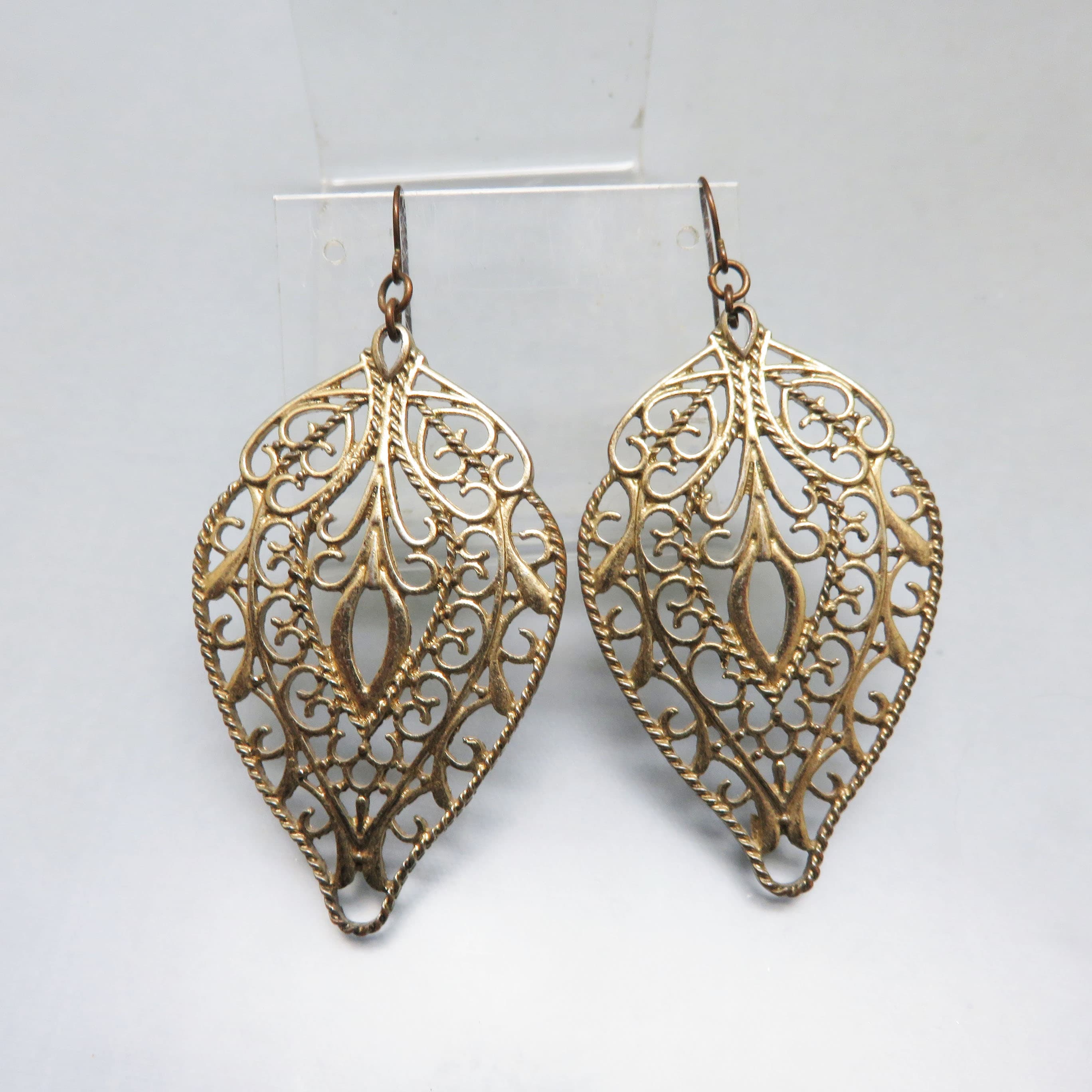 Aged Goldtone Filigree Leaf Earrings – Large Openwork French Hook Dangles
