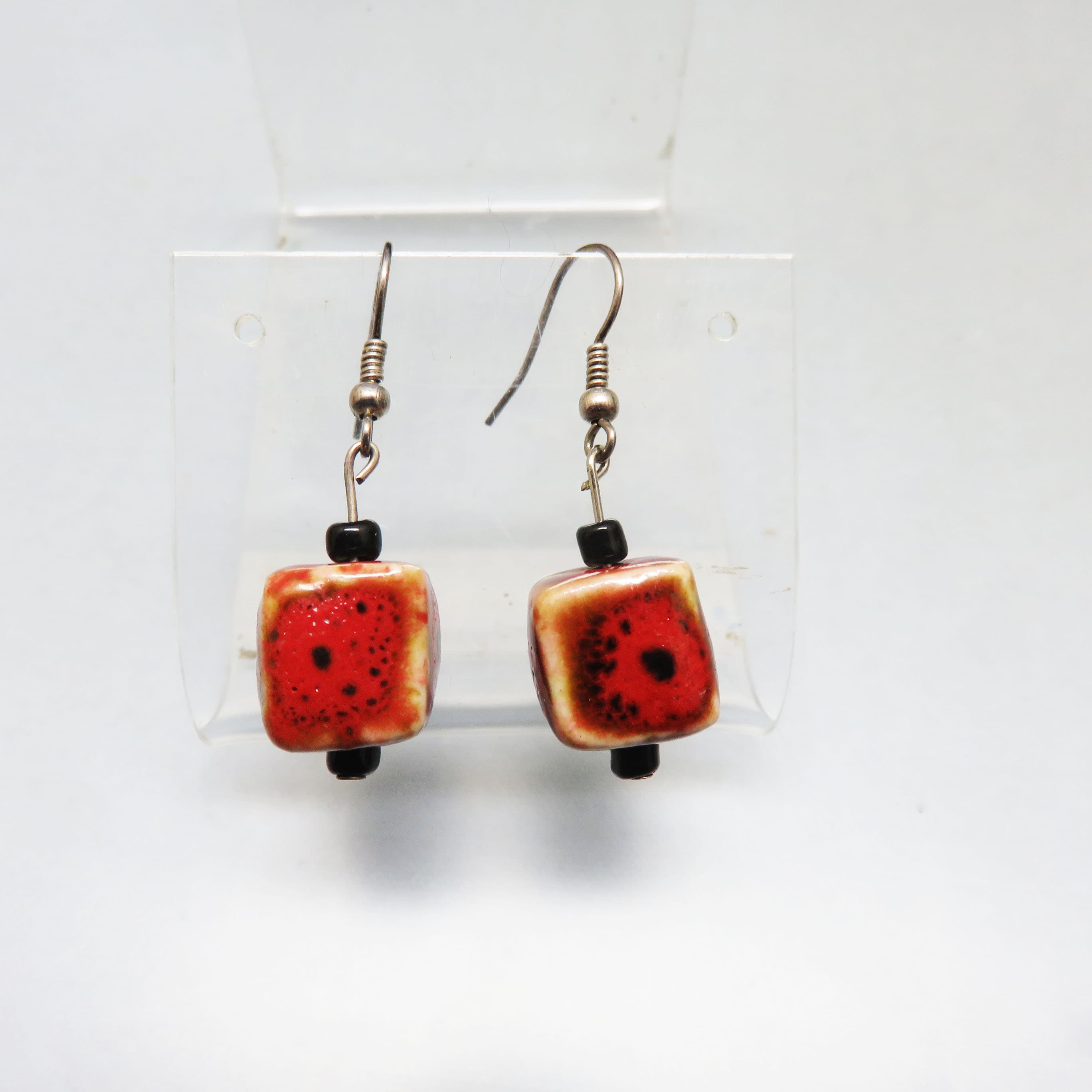 Handmade Red Pottery Bead Earrings – Black Glass Accents and Silverplated French Hooks