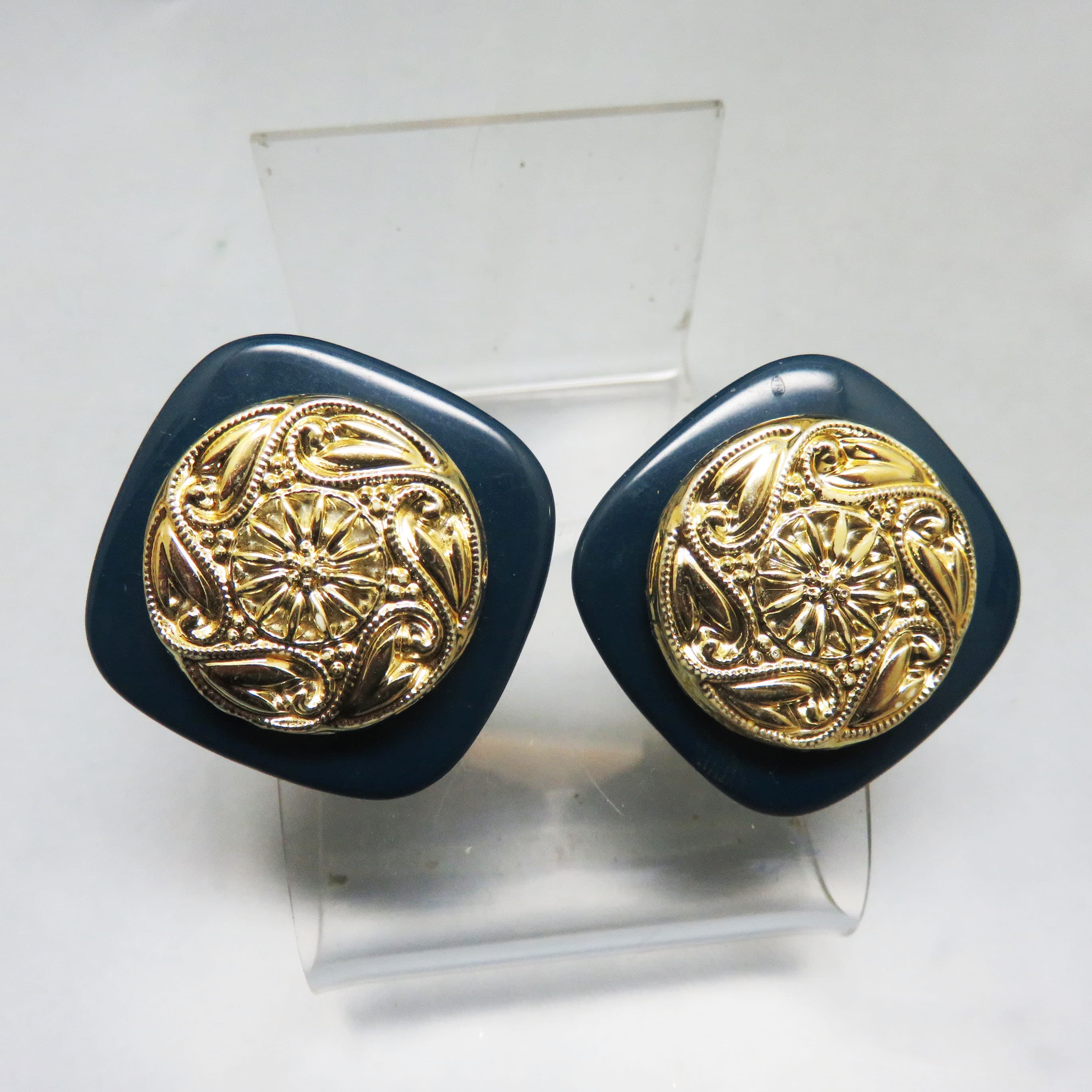 Vintage Teal and Gold Statement Earrings – Ornate Medallion Square Post Earrings