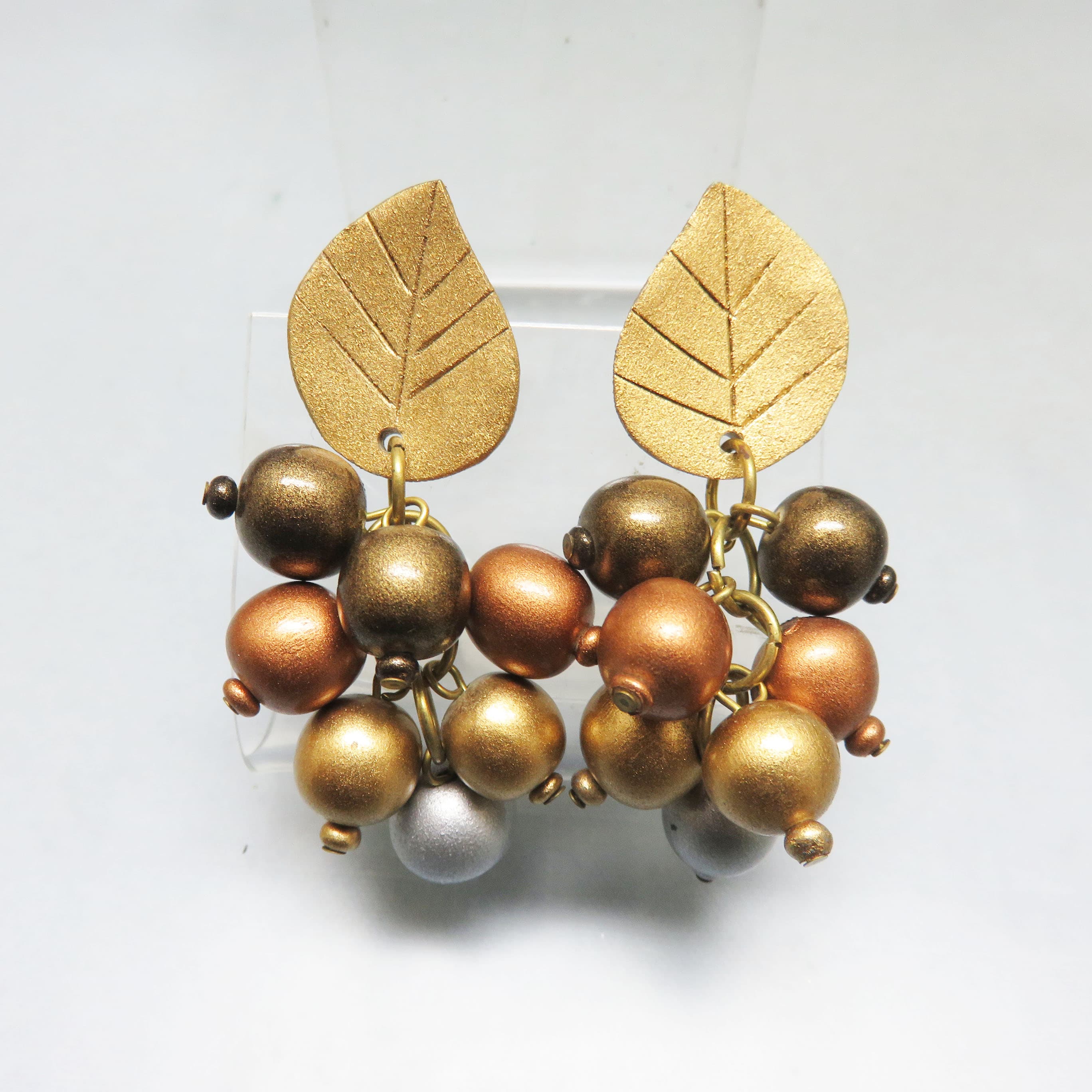 Metallic Wood Leaf Statement Earrings – Bronze Gold Bead Cluster Post Dangles