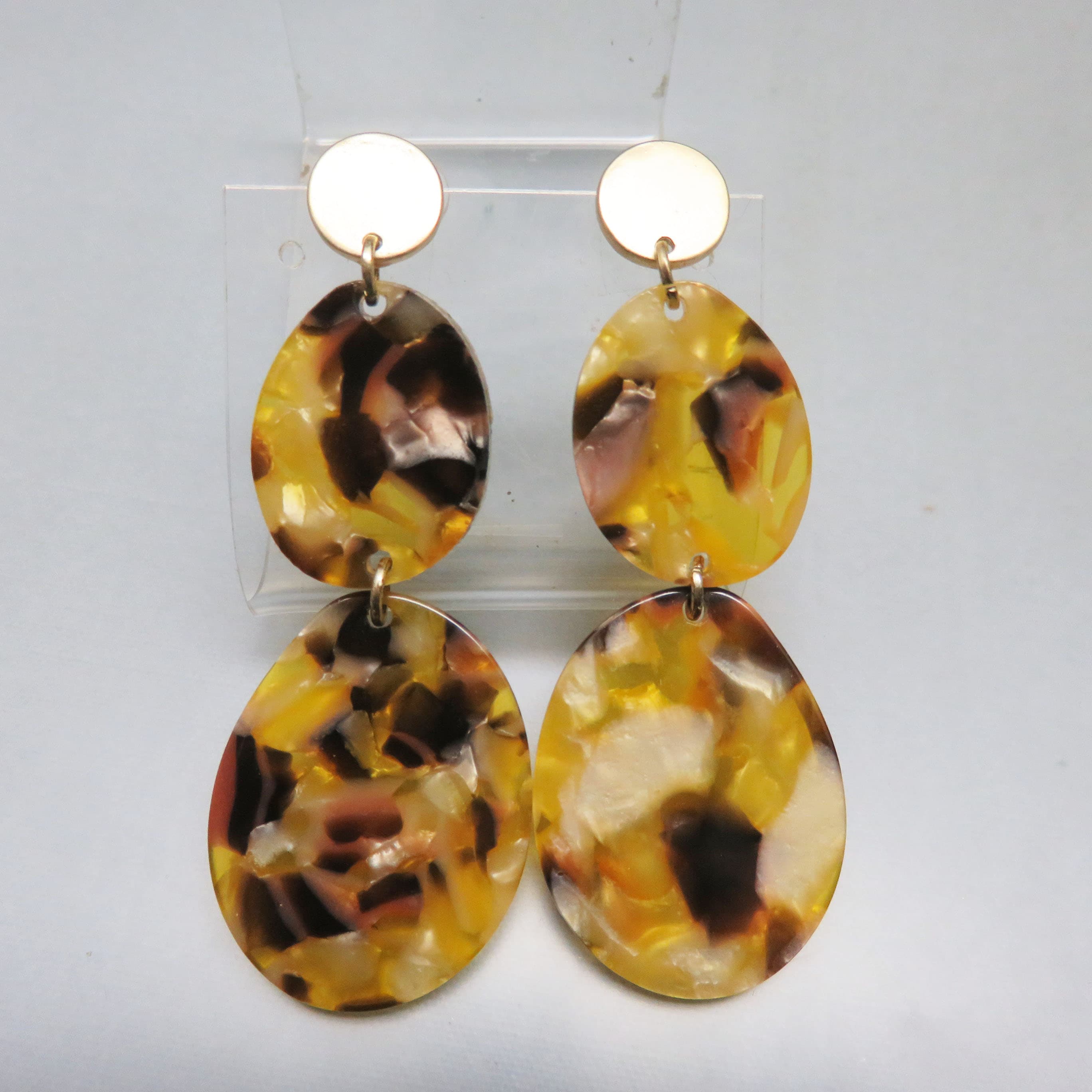 Mottled Tortoiseshell Acrylic Earrings – Golden Yellow Triple Drop Statement Posts