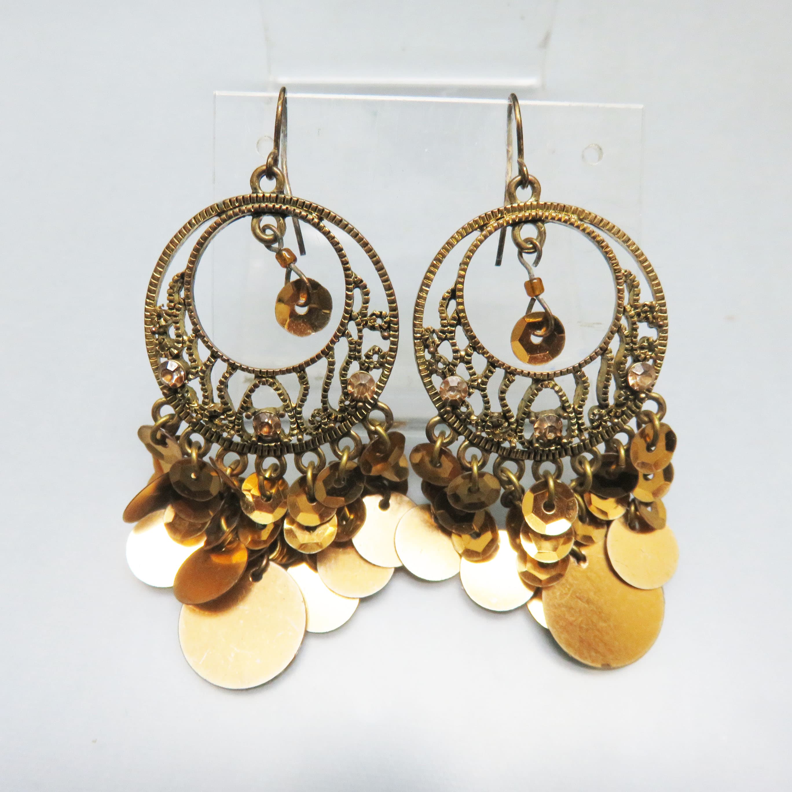 Gold Sequin Chandelier Earrings – Bohemian Filigree Rhinestone French Hook Dangles