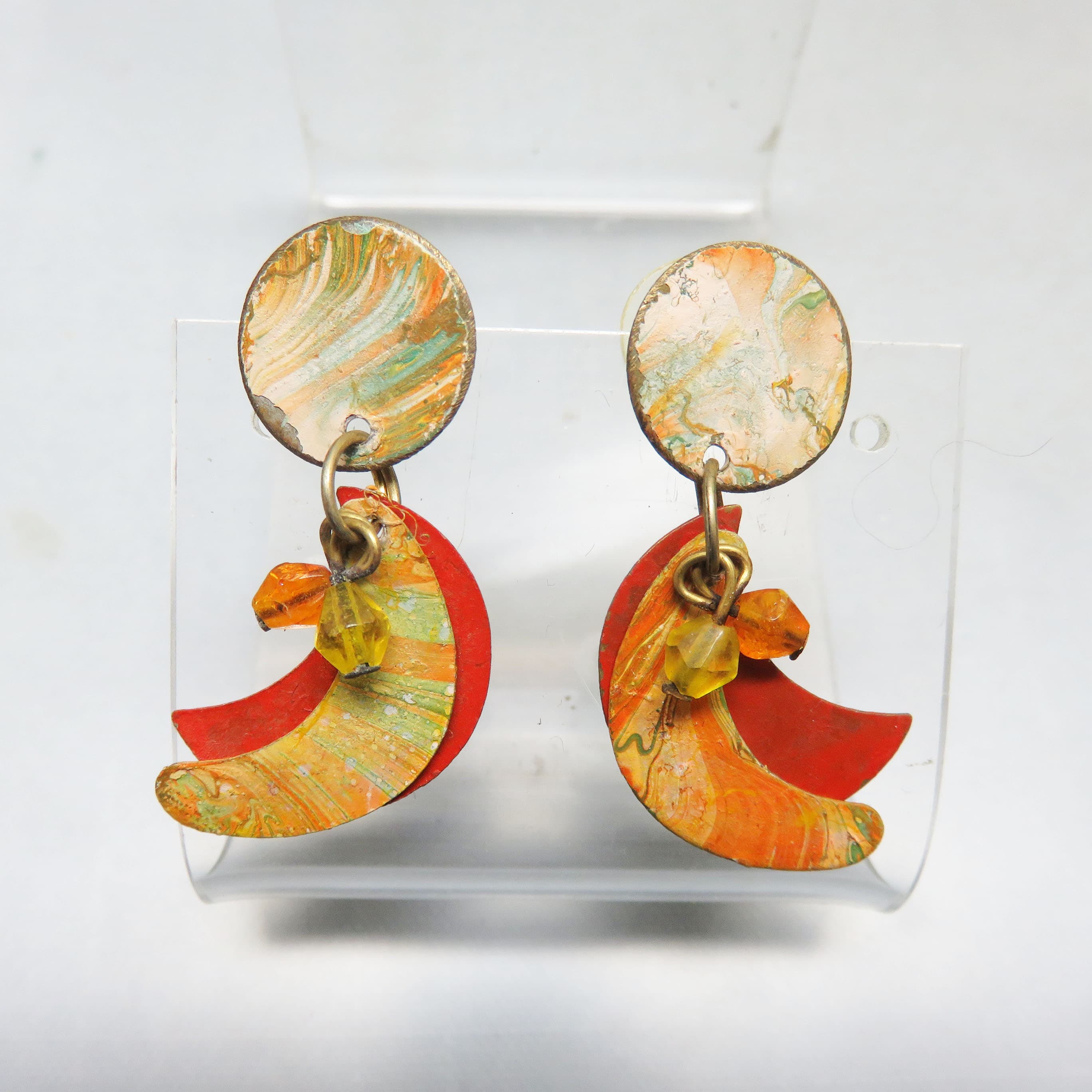 Vintage Hand Colored Crescent Earrings – Abstract Autumn Layered Post Dangles