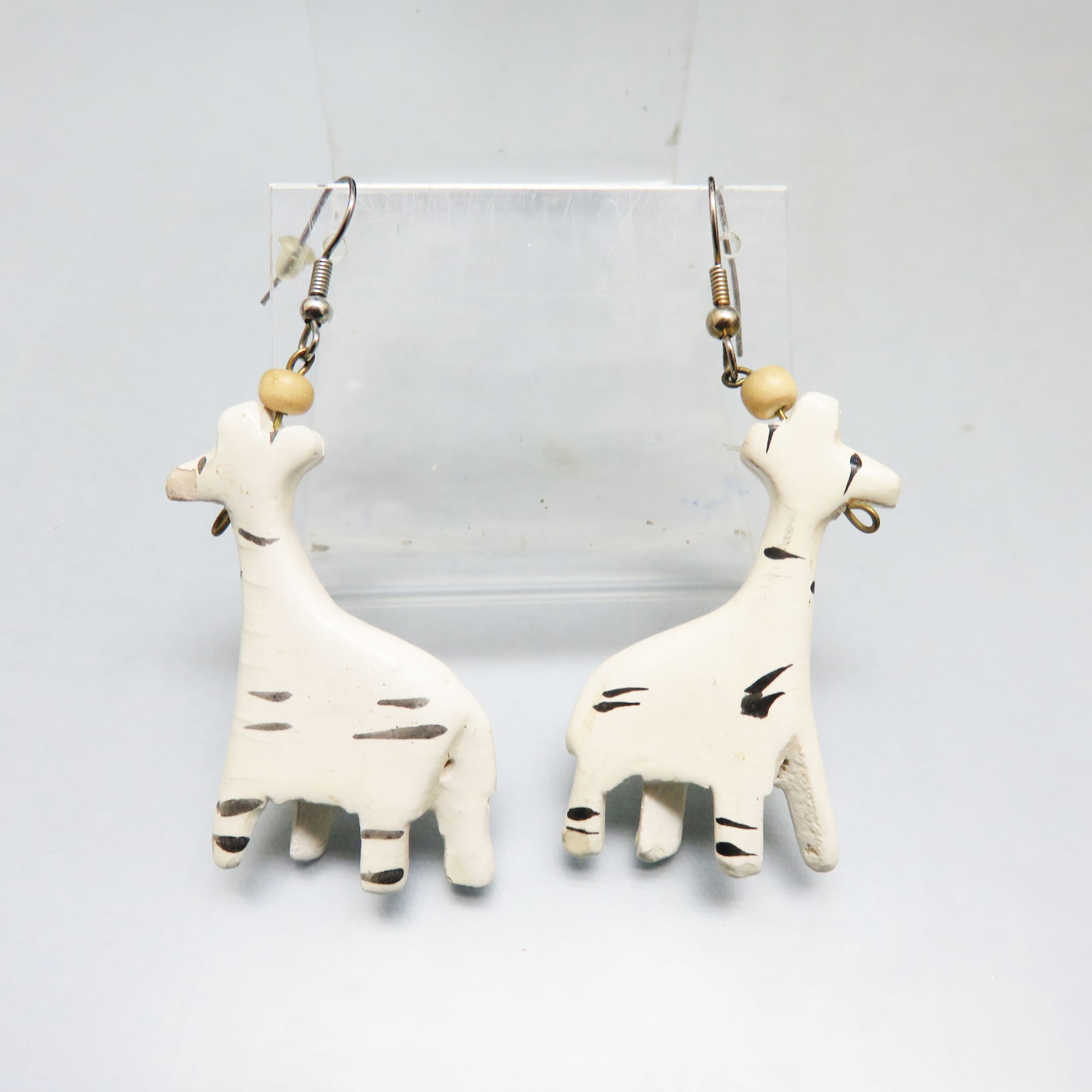Hand Carved White Giraffe Earrings – Hand Painted Wood French Hook Dangles