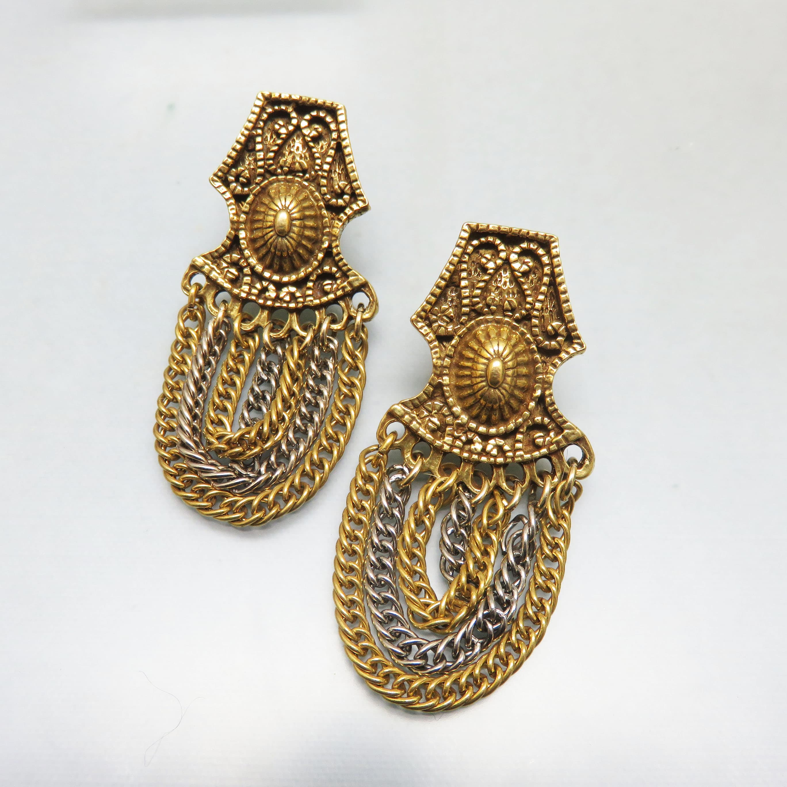 Two Tone Chain Fringe Clip On Earrings – Ornate Goldtone Adjustable Clip Dangles