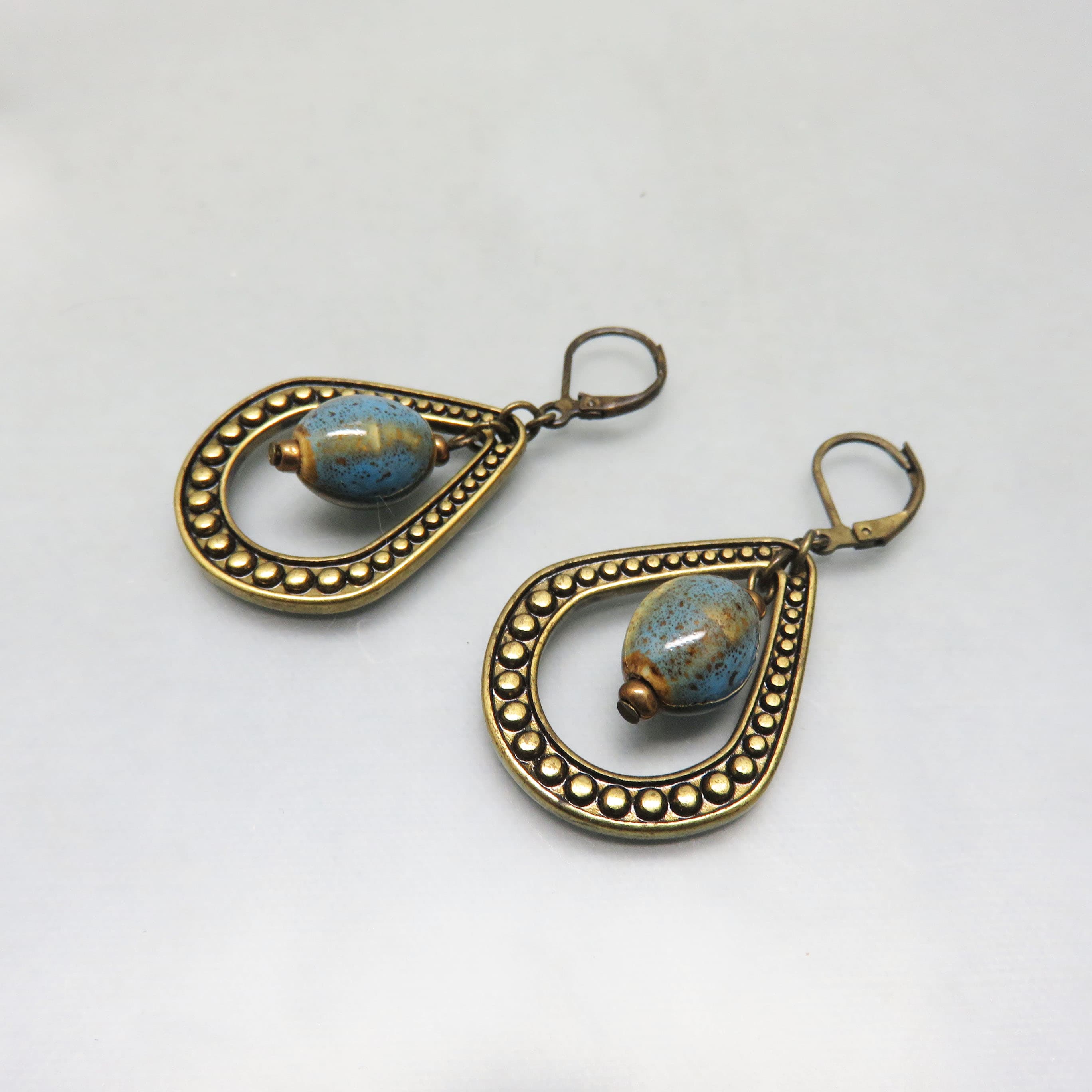 Chico’s Blue Bead Leverback Earrings – Antiqued Goldtone Open Teardrop Dangles