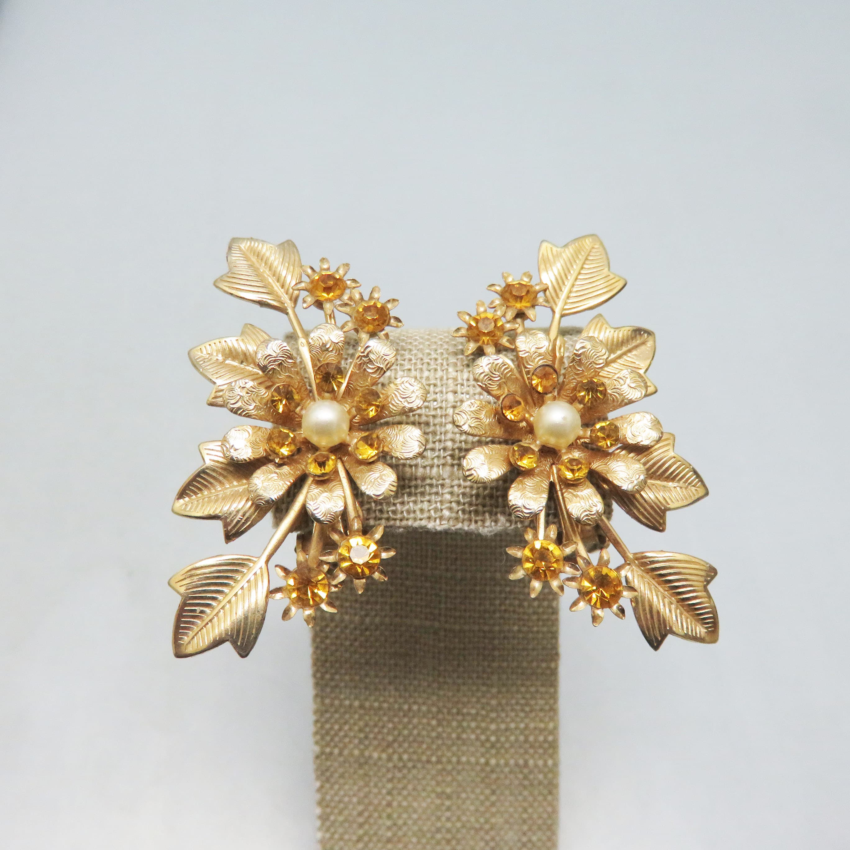 Goldtone Floral Spray Clip On Earrings – Topaz Rhinestones and Faux Pearl Flowers