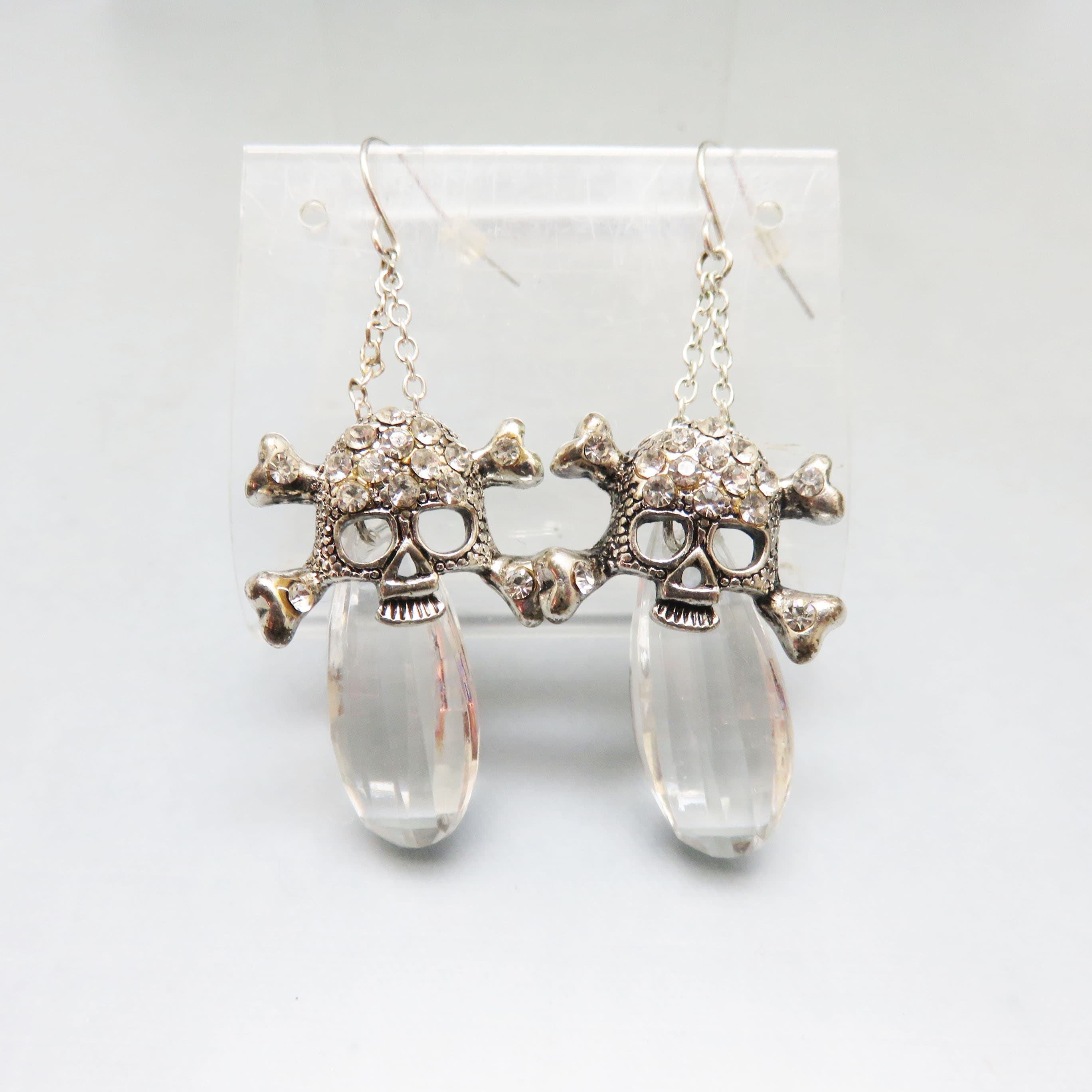 Rhinestone Skull and Crossbones Earrings with Clear Drops