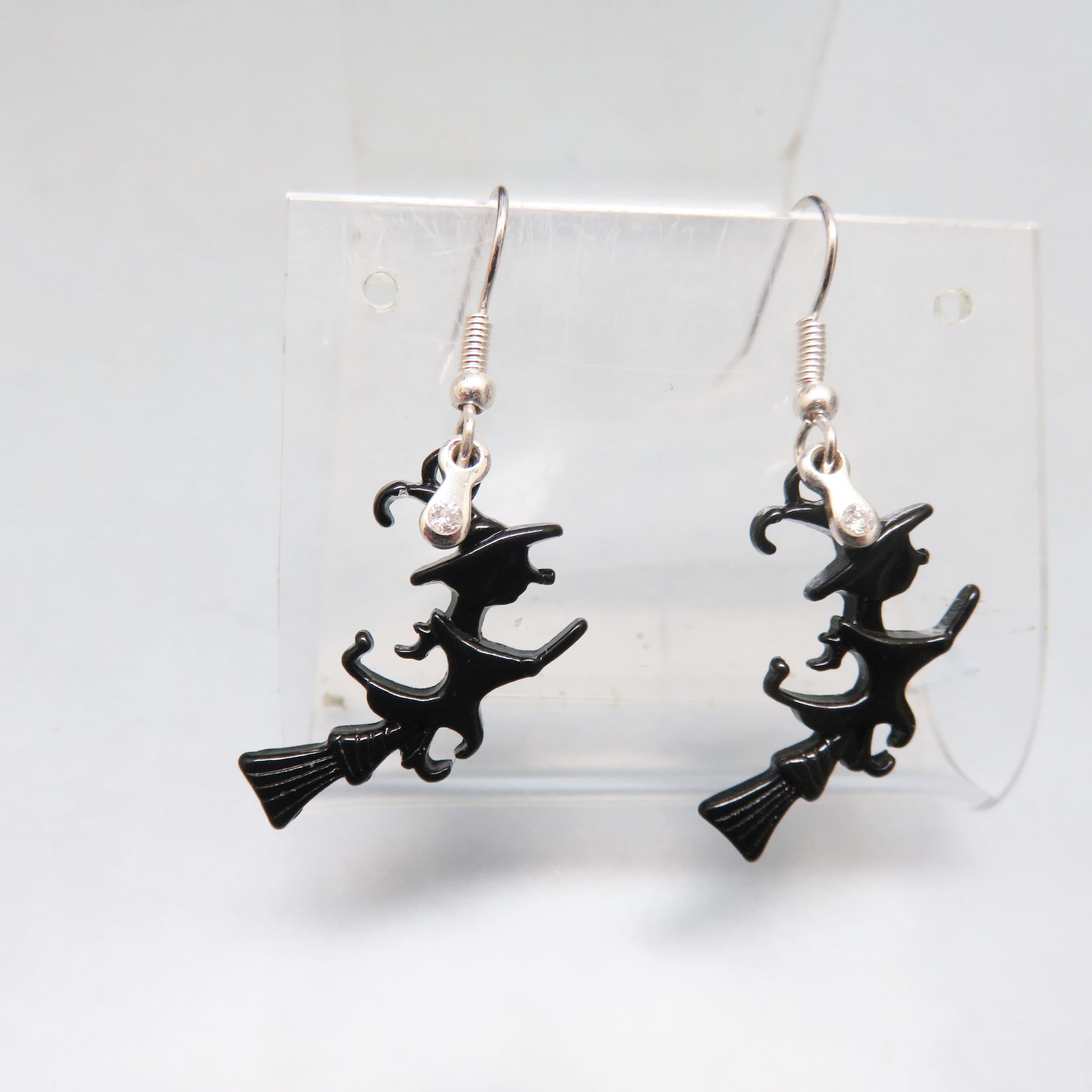 Black Enamel Flying Witch Earrings with Rhinestone Accents