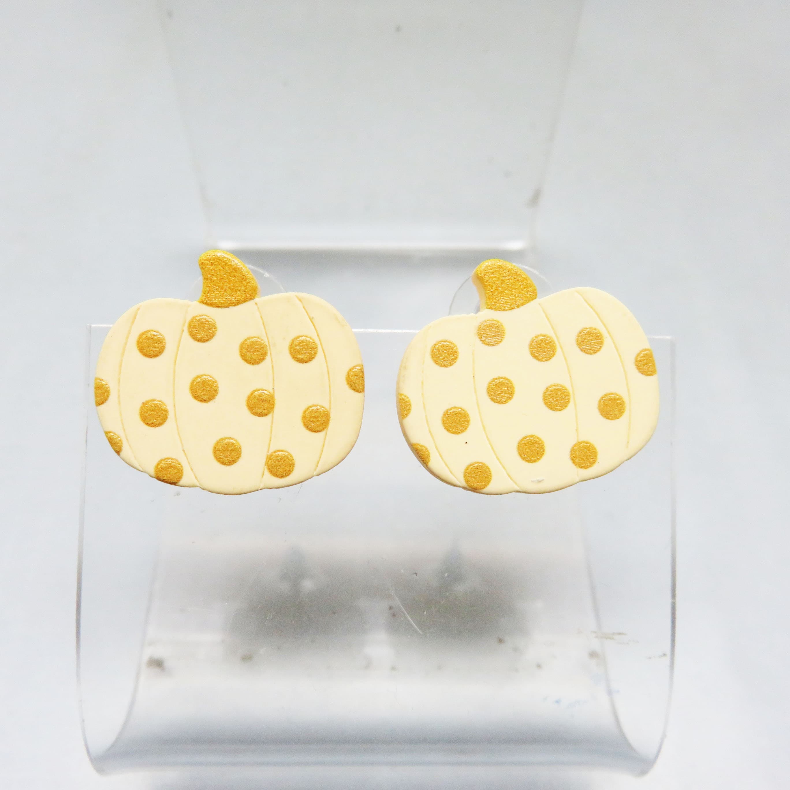 Hand-Painted Ivory and Gold Polka Dot Pumpkin Stud Earrings