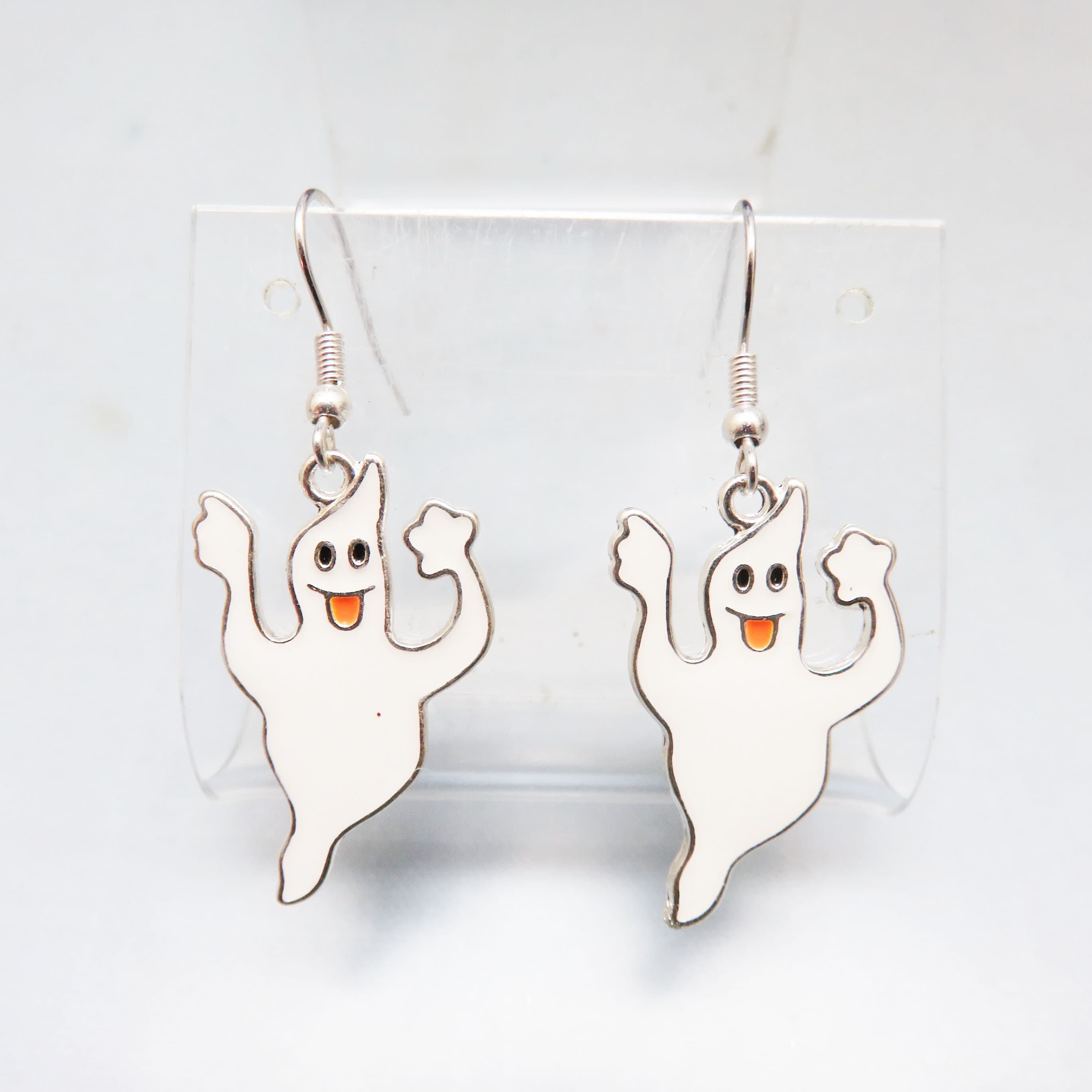 Happy White Enamel Ghost French Hook Earrings