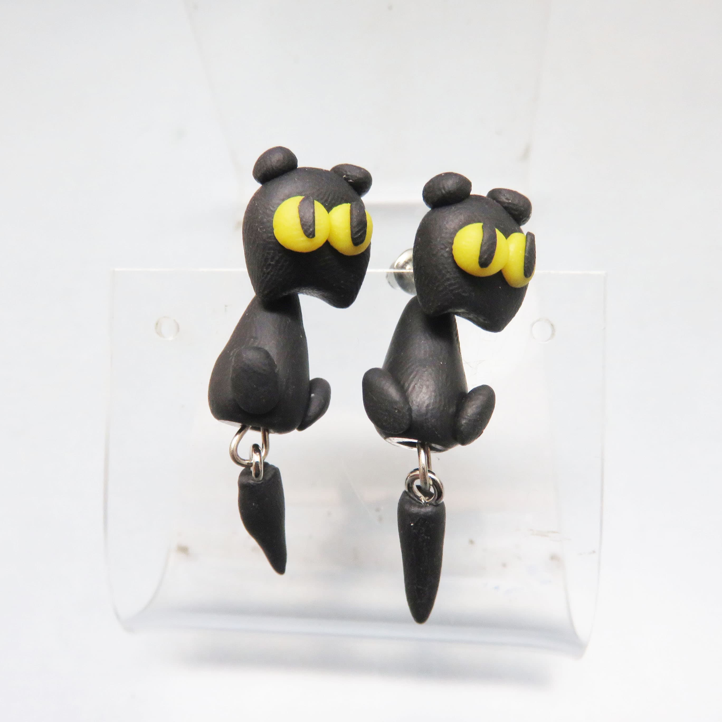 Convertible Polymer Clay Black Cat Ear Jacket Earrings