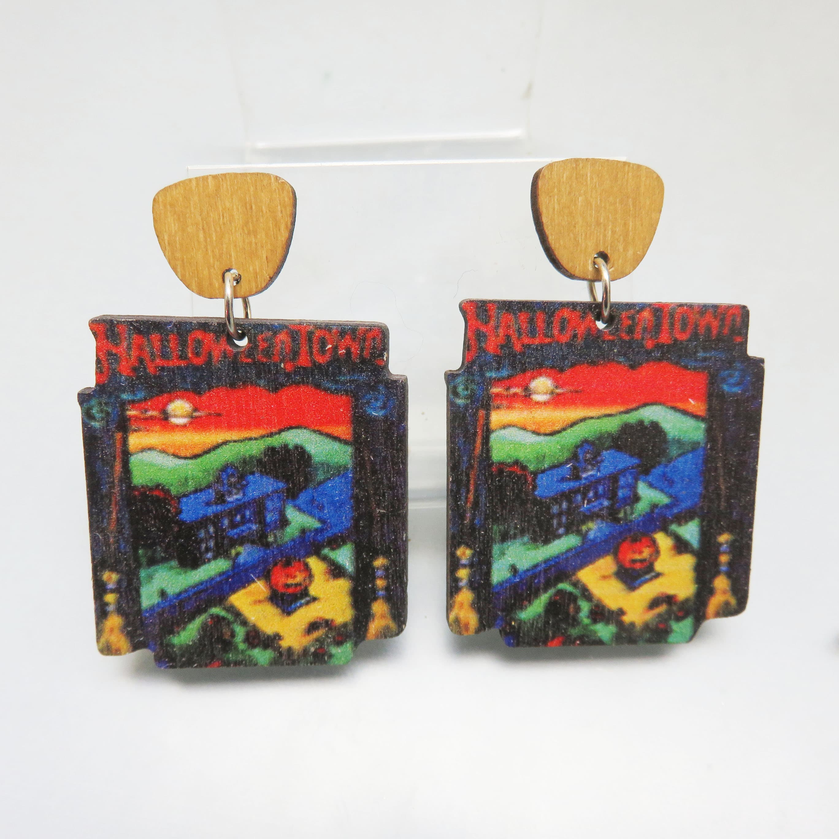 Halloweentown Printed Wood Post Dangle Earrings
