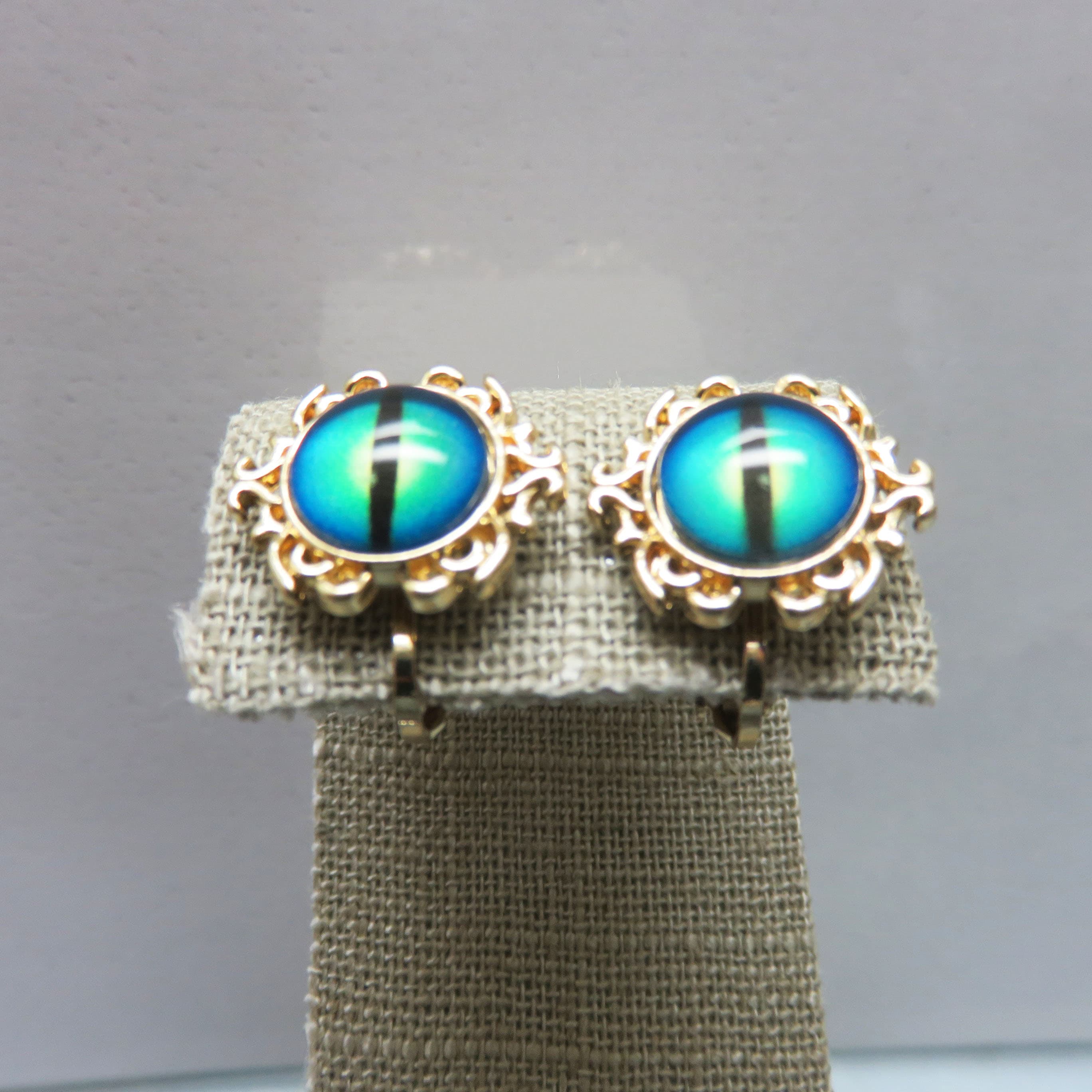 Blue Green Dragon Eye Glass Cabochon Clip-On Earrings