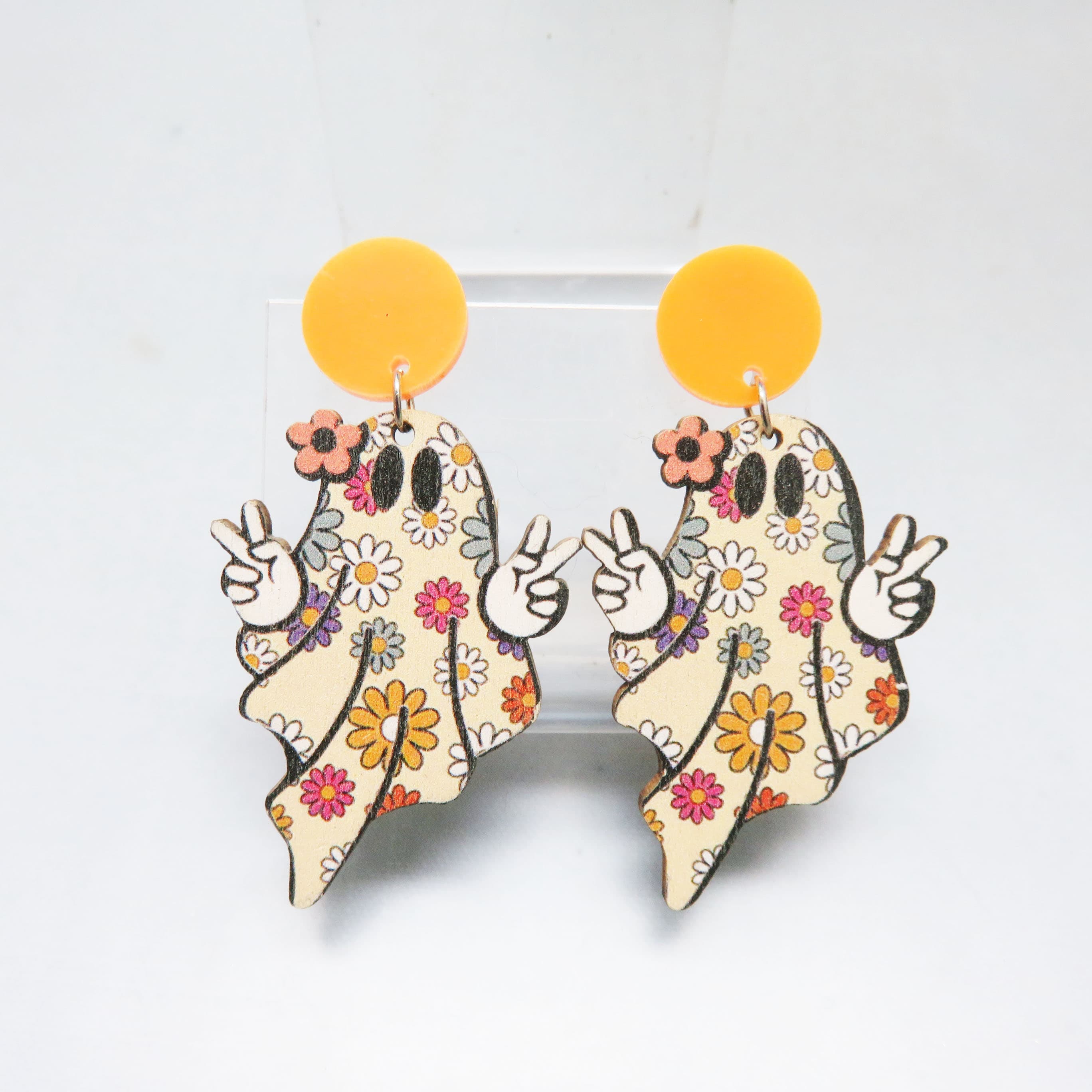 Groovy Floral Ghost Orange Post Dangle Earrings
