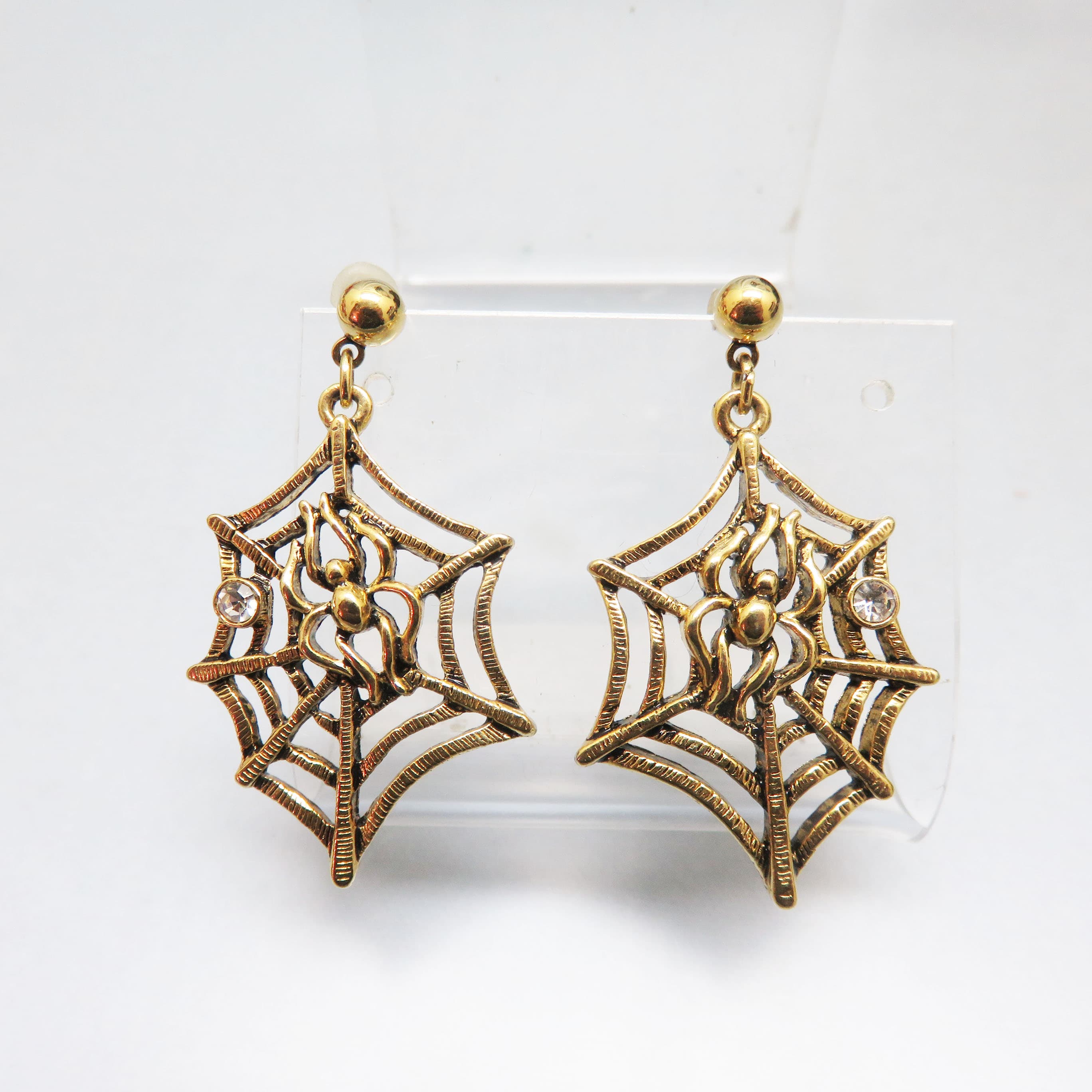 Goldtone Spider and Web Rhinestone Post Dangle Earrings