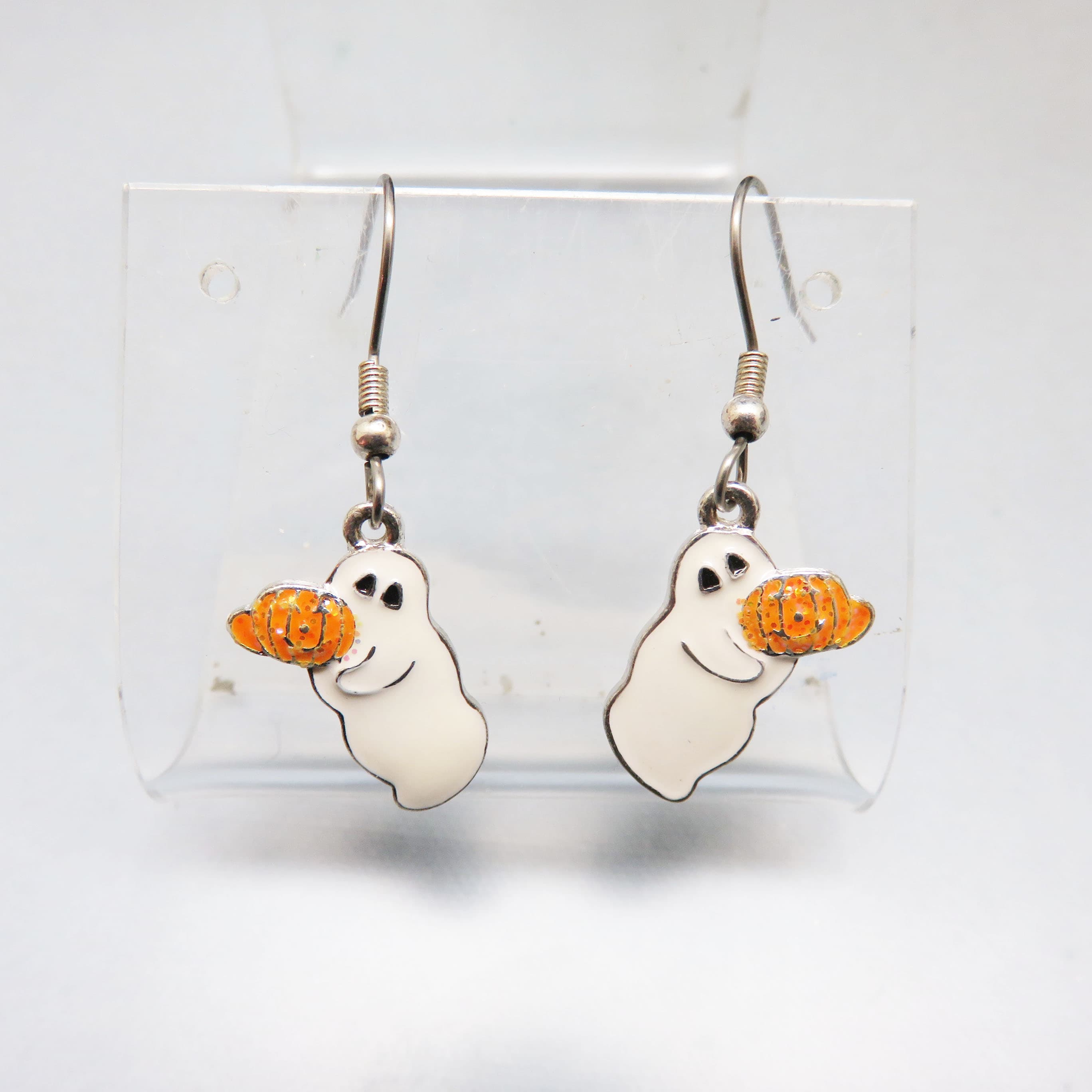 Enamel Ghost Glitter Pumpkin French Hook Dangle Earrings
